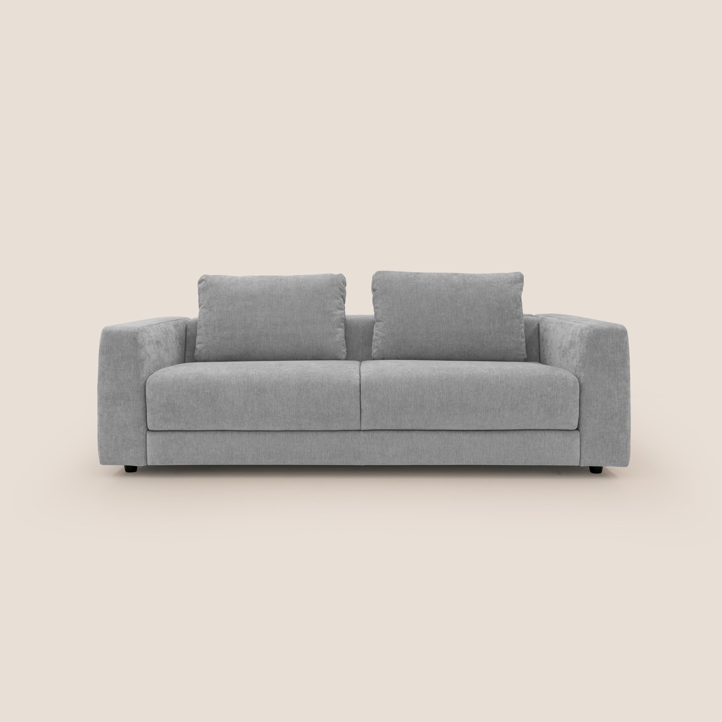 Freia Divano letto minimal materasso h15 cm con morbidi schienali in tessuto impermeabile T14 grigio chiaro - divani.store