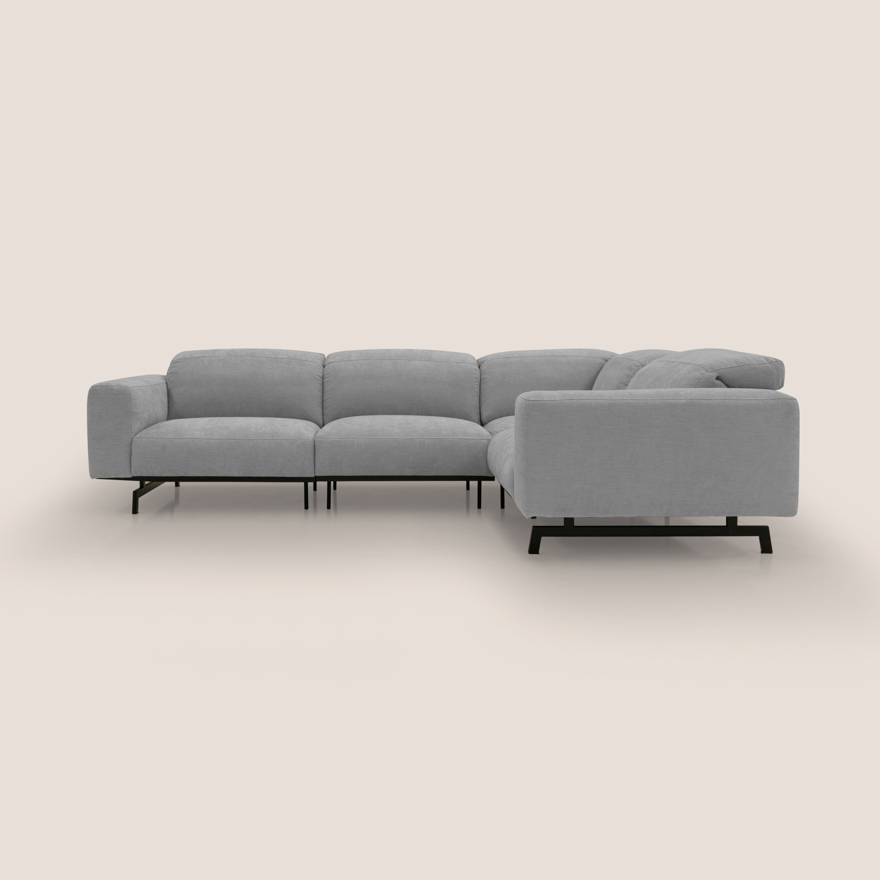 Sakura divano in piuma d'oca angolare REVERSIBILE in morbido tessuto fiammato impermeabile T14 grigio chiaro - divani.store