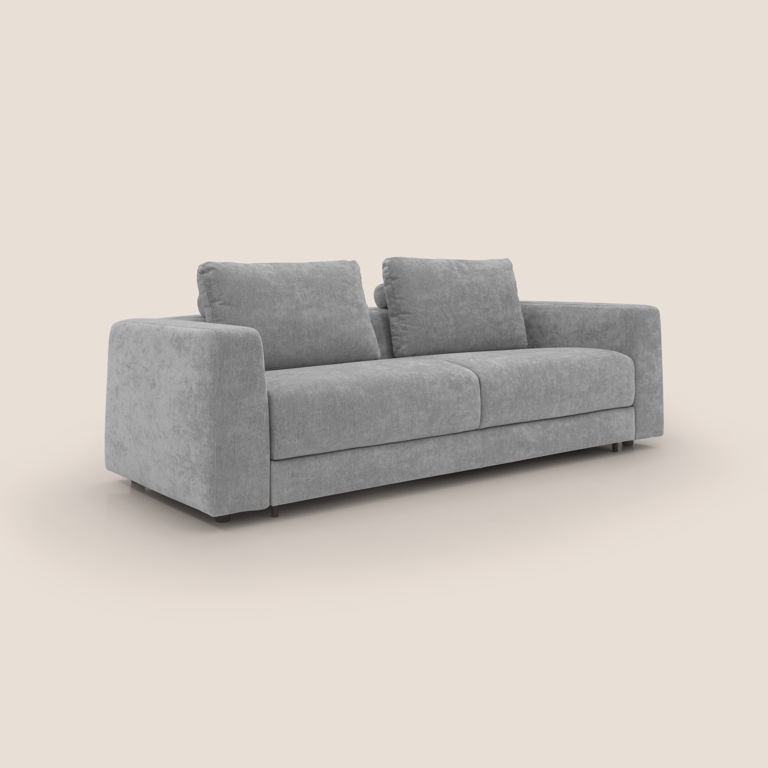 Freia Divano letto minimal materasso h15 cm con morbidi schienali in tessuto impermeabile T14 grigio chiaro - divani.store