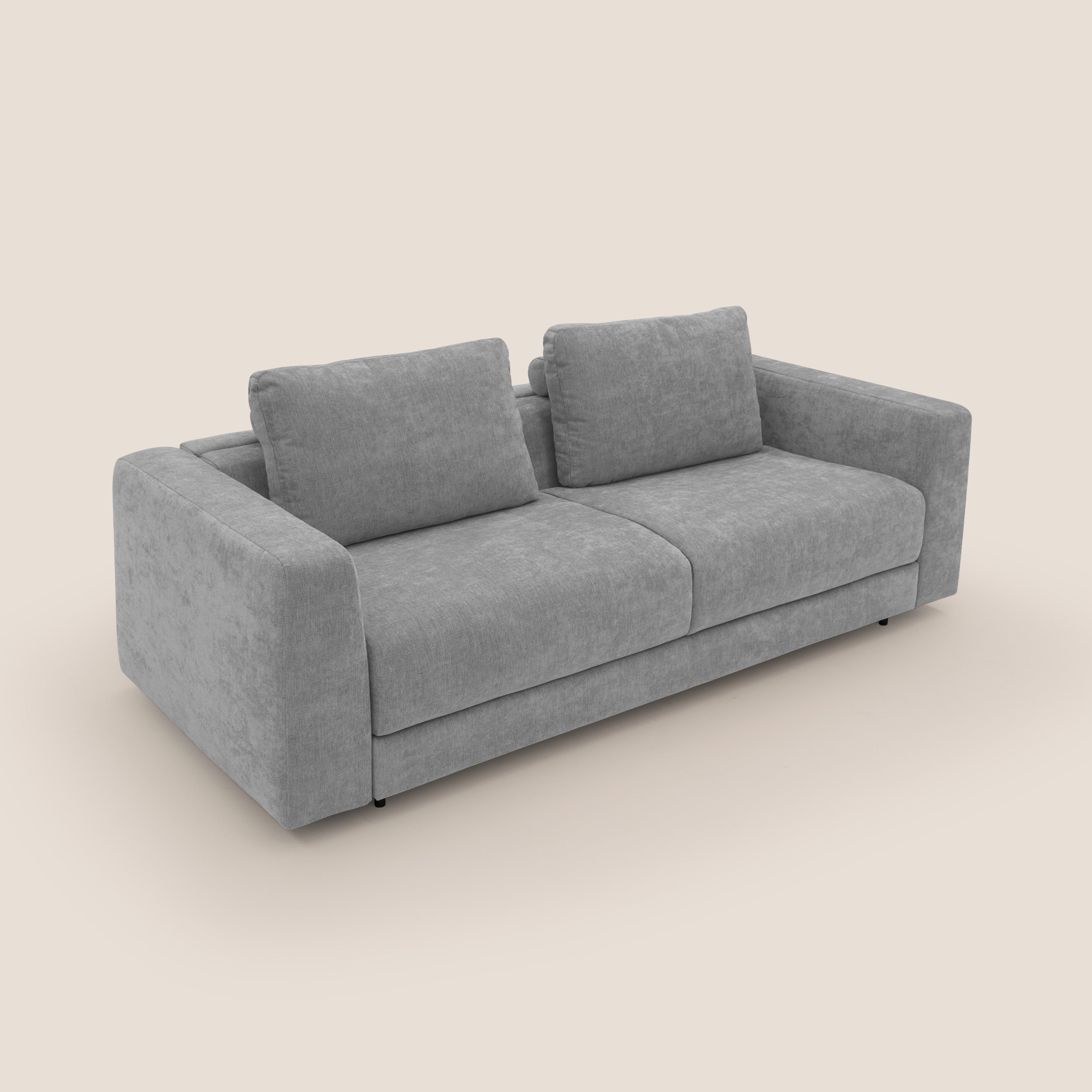 Freia Divano letto minimal materasso h15 cm con morbidi schienali in tessuto impermeabile T14 grigio chiaro - divani.store
