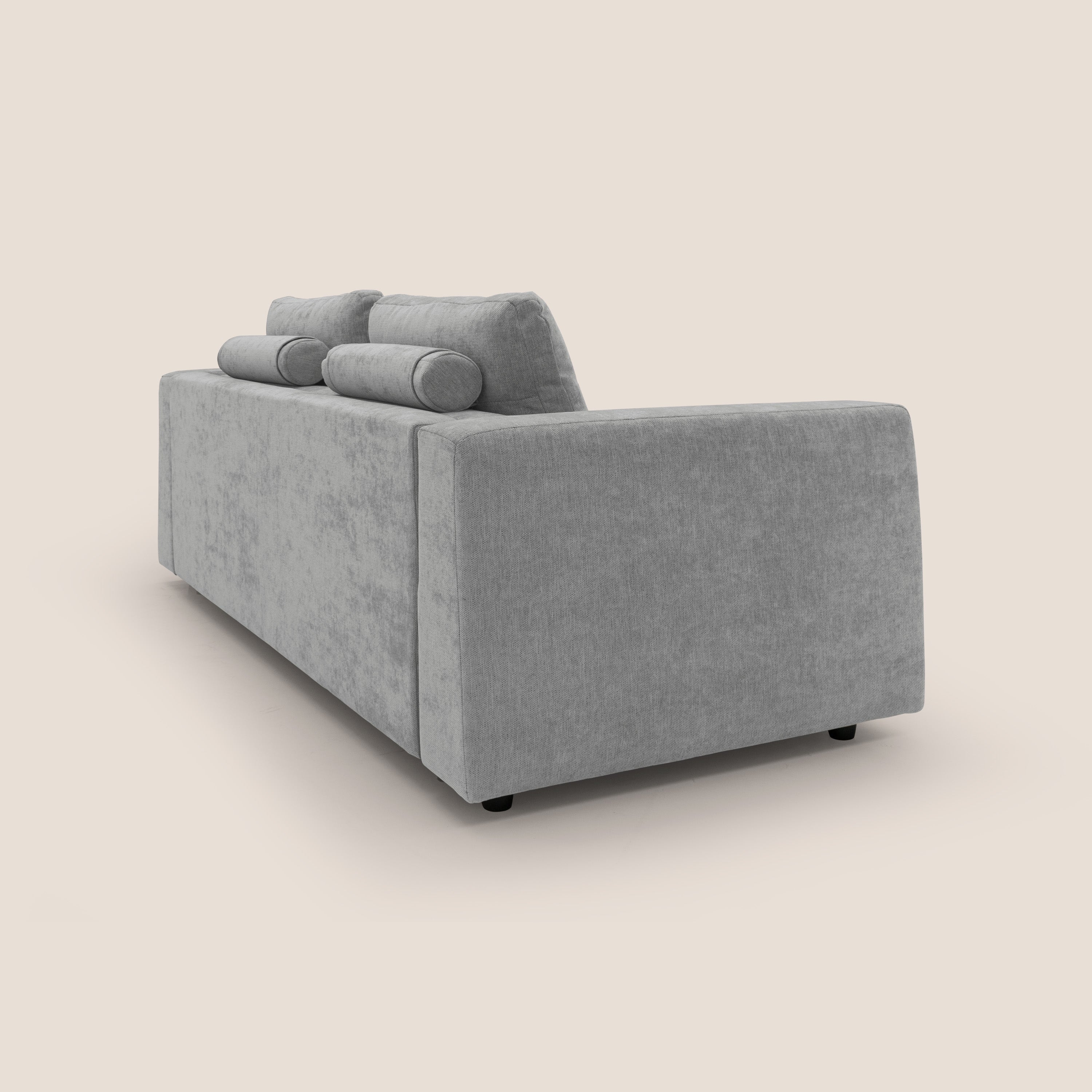 Freia Divano letto minimal materasso h15 cm con morbidi schienali in tessuto impermeabile T14 grigio chiaro - divani.store