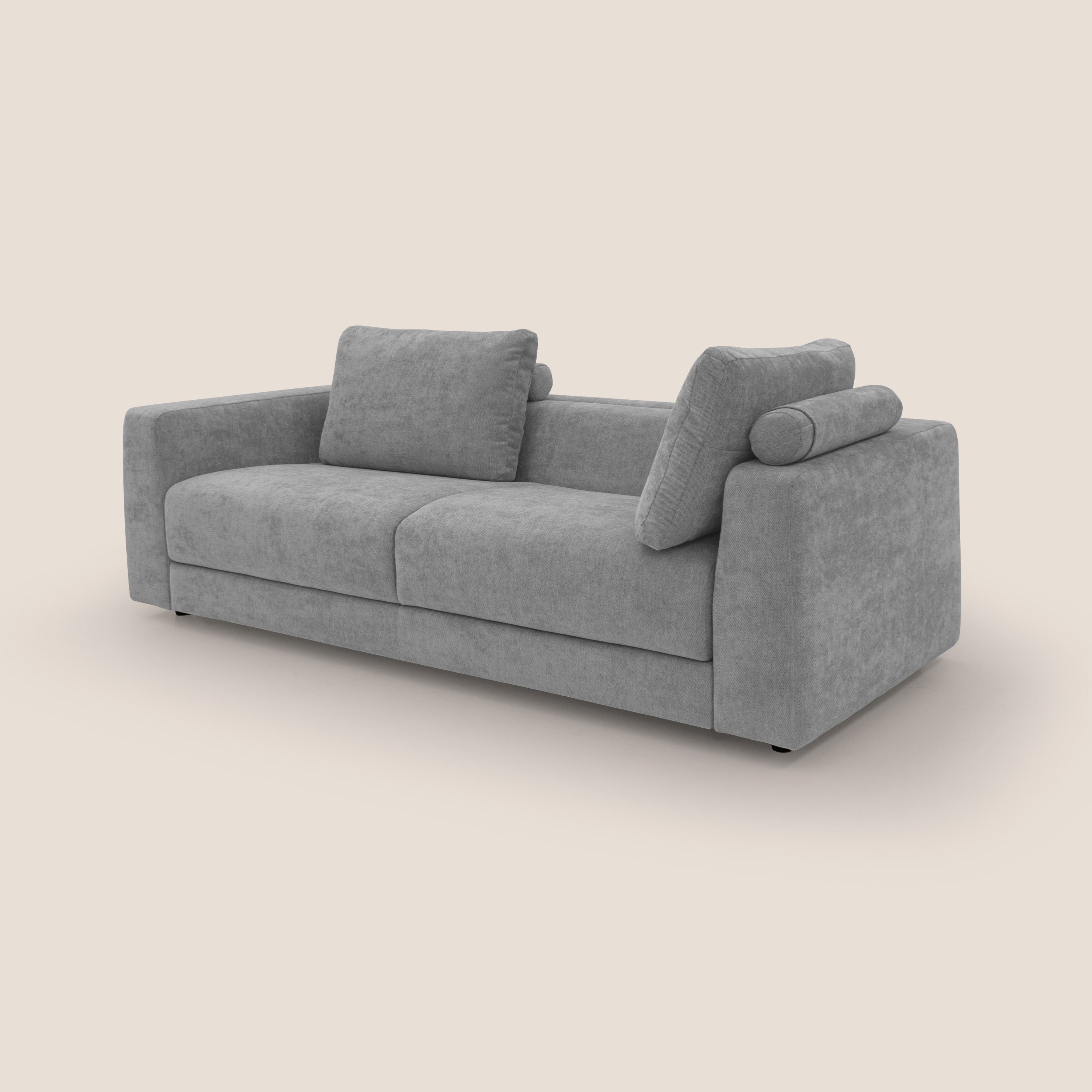 Freia Divano letto minimal materasso h15 cm con morbidi schienali in tessuto impermeabile T14 grigio chiaro - divani.store