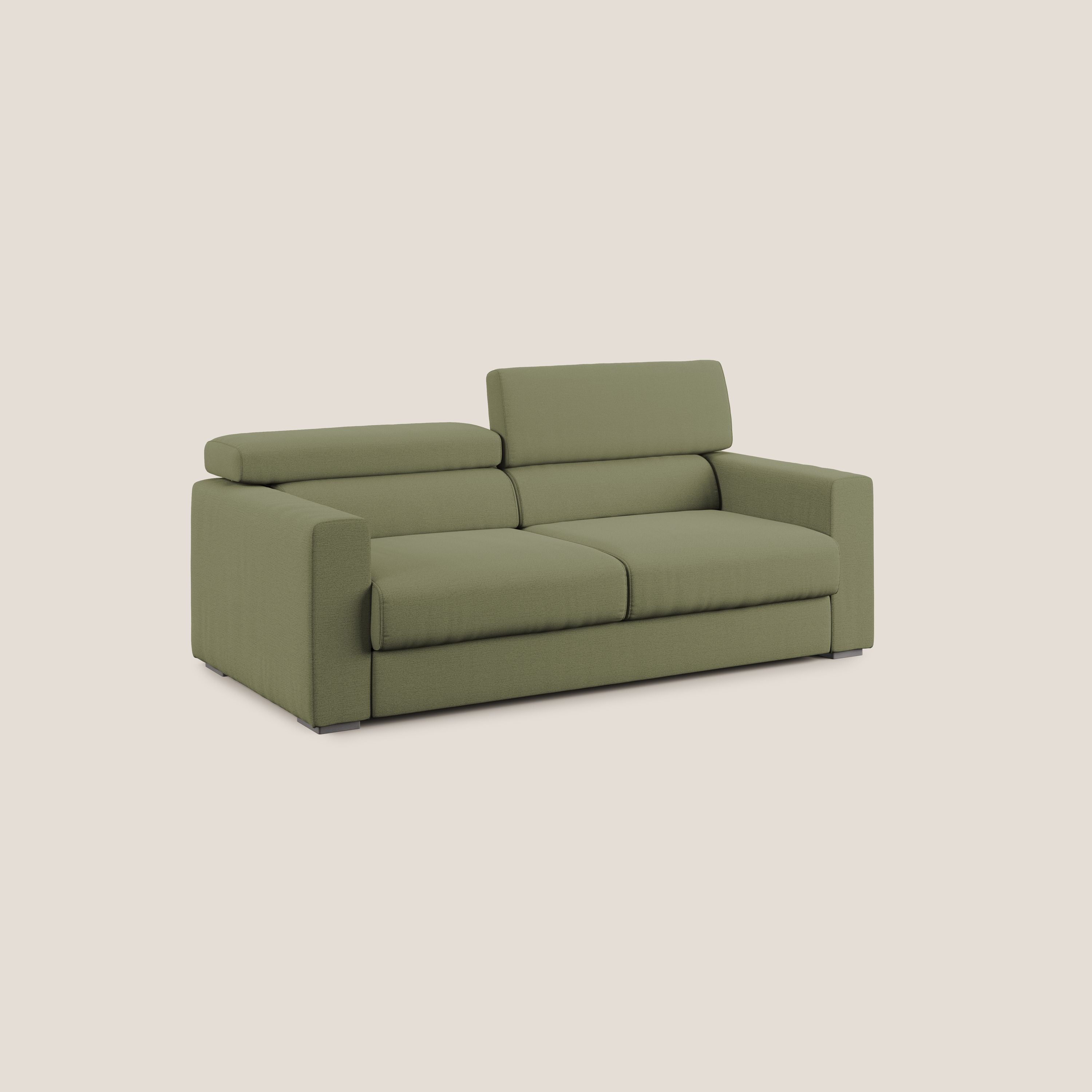 Dylan divano allungabile con pouf estraibile poggiapiedi in tessuto fiammato simil cotone impermeabile T19 verde - divani.store