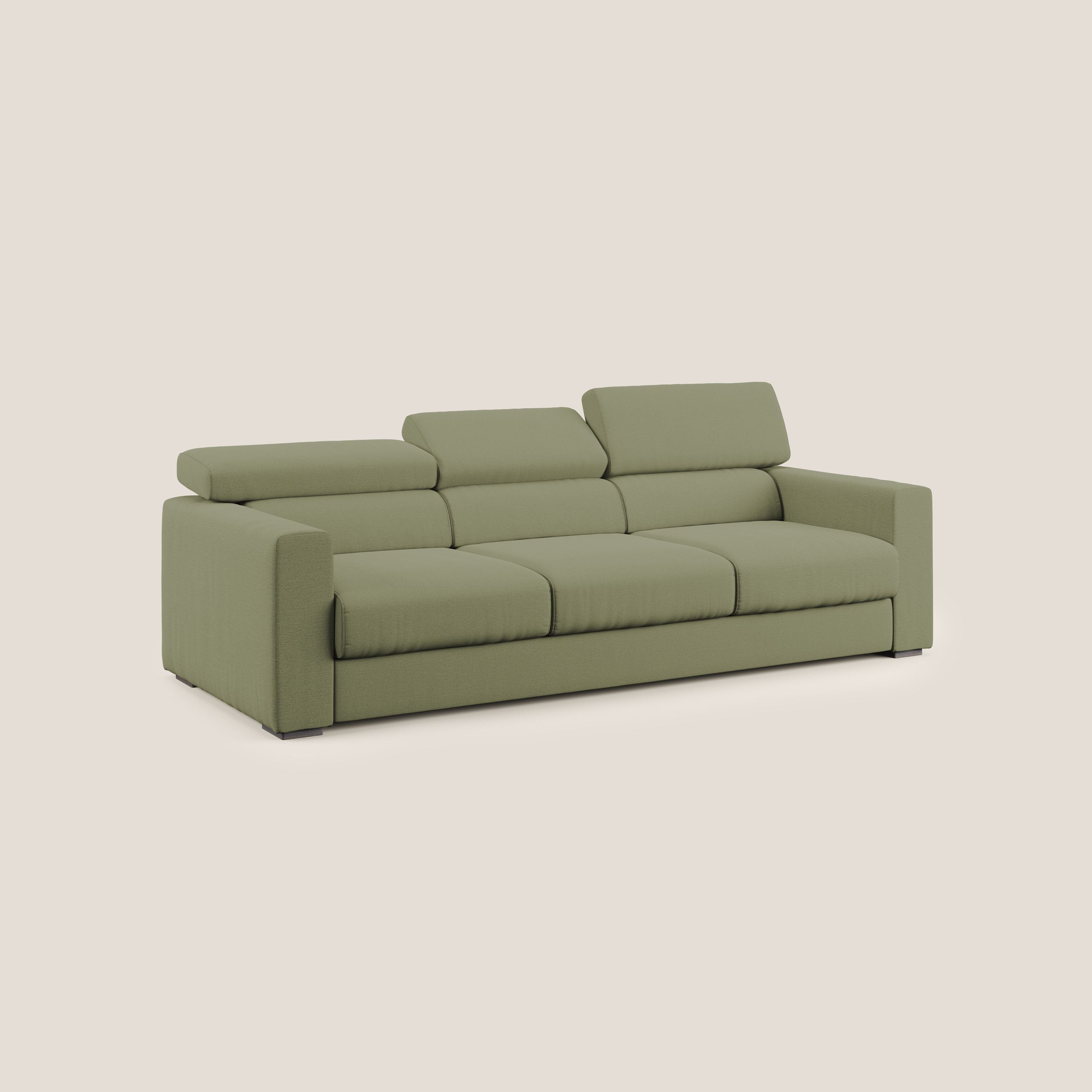 Dylan divano a 3 sedute con pouf estraibile poggiapiedi in tessuto fiammato simil cotone impermeabile T19 verde - divani.store