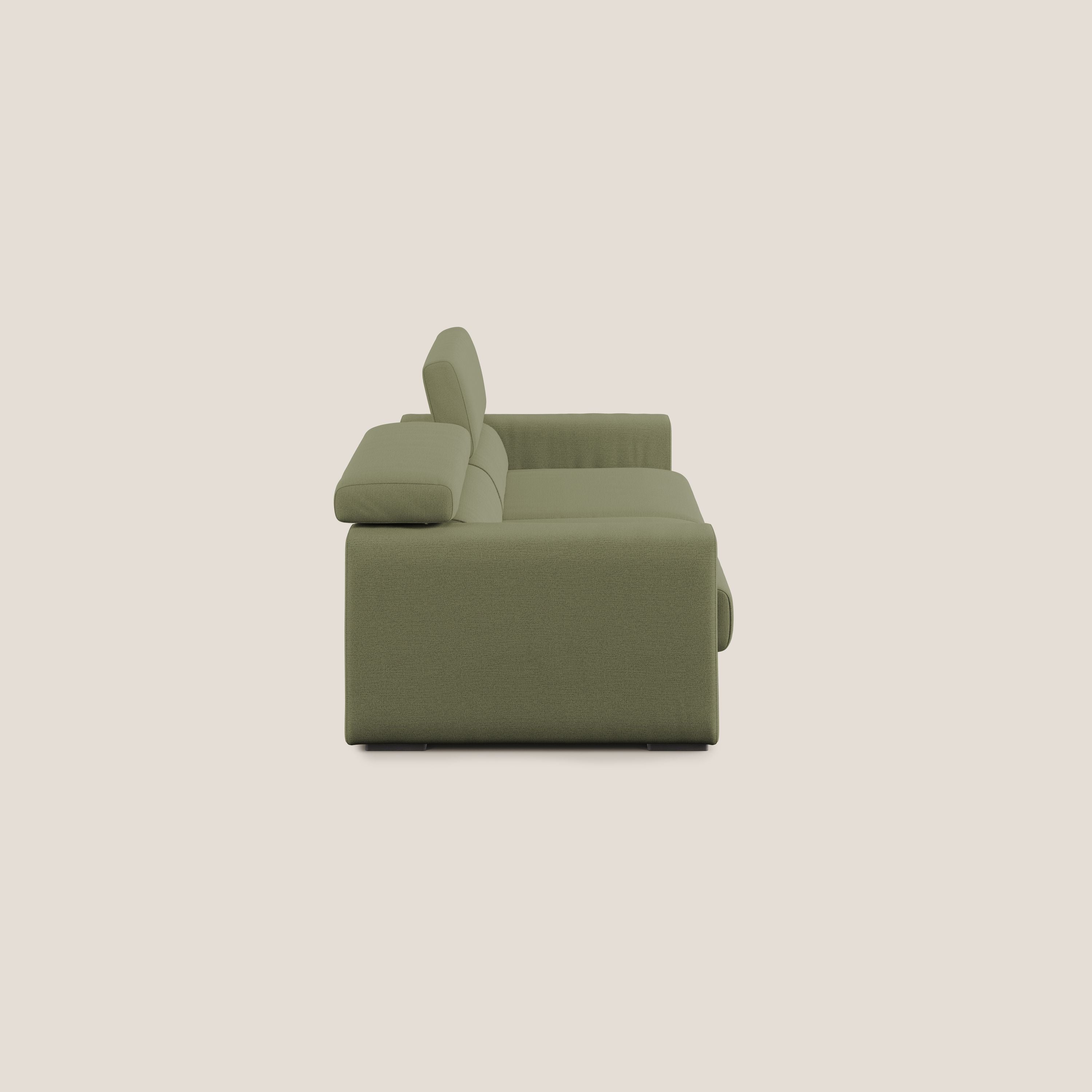 Dylan divano allungabile con pouf estraibile poggiapiedi in tessuto fiammato simil cotone impermeabile T19 verde - divani.store