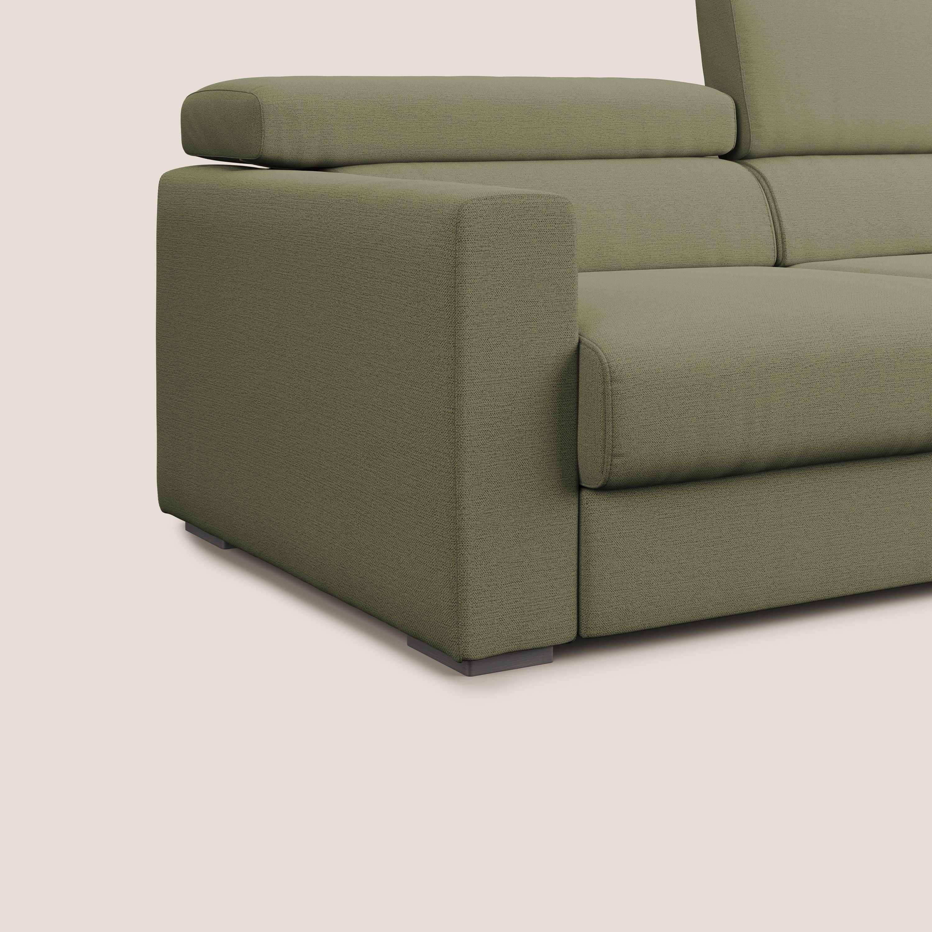 Dylan divano allungabile con pouf estraibile poggiapiedi in tessuto fiammato simil cotone impermeabile T19 verde - divani.store