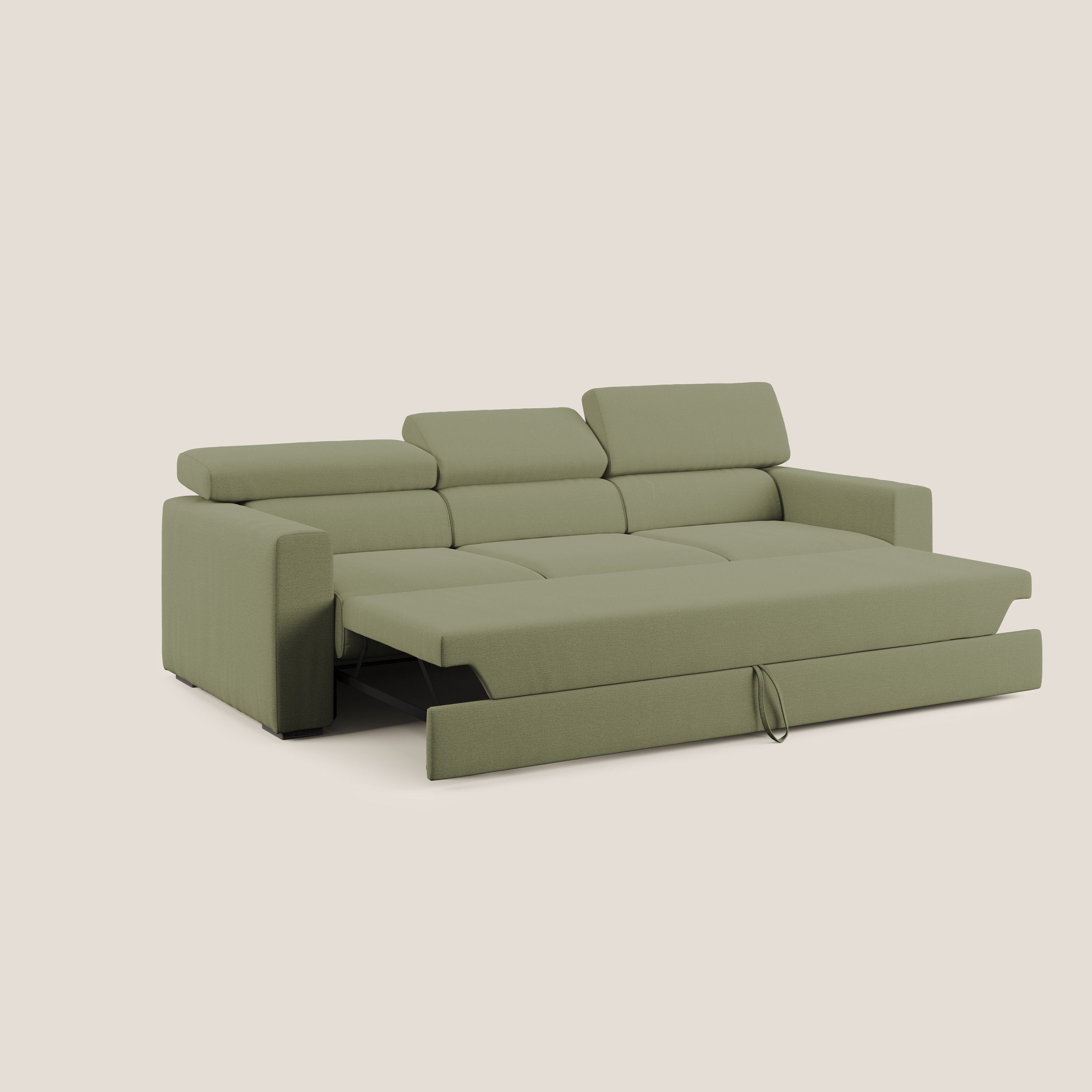 Dylan divano a 3 sedute con pouf estraibile poggiapiedi in tessuto fiammato simil cotone impermeabile T19 verde - divani.store