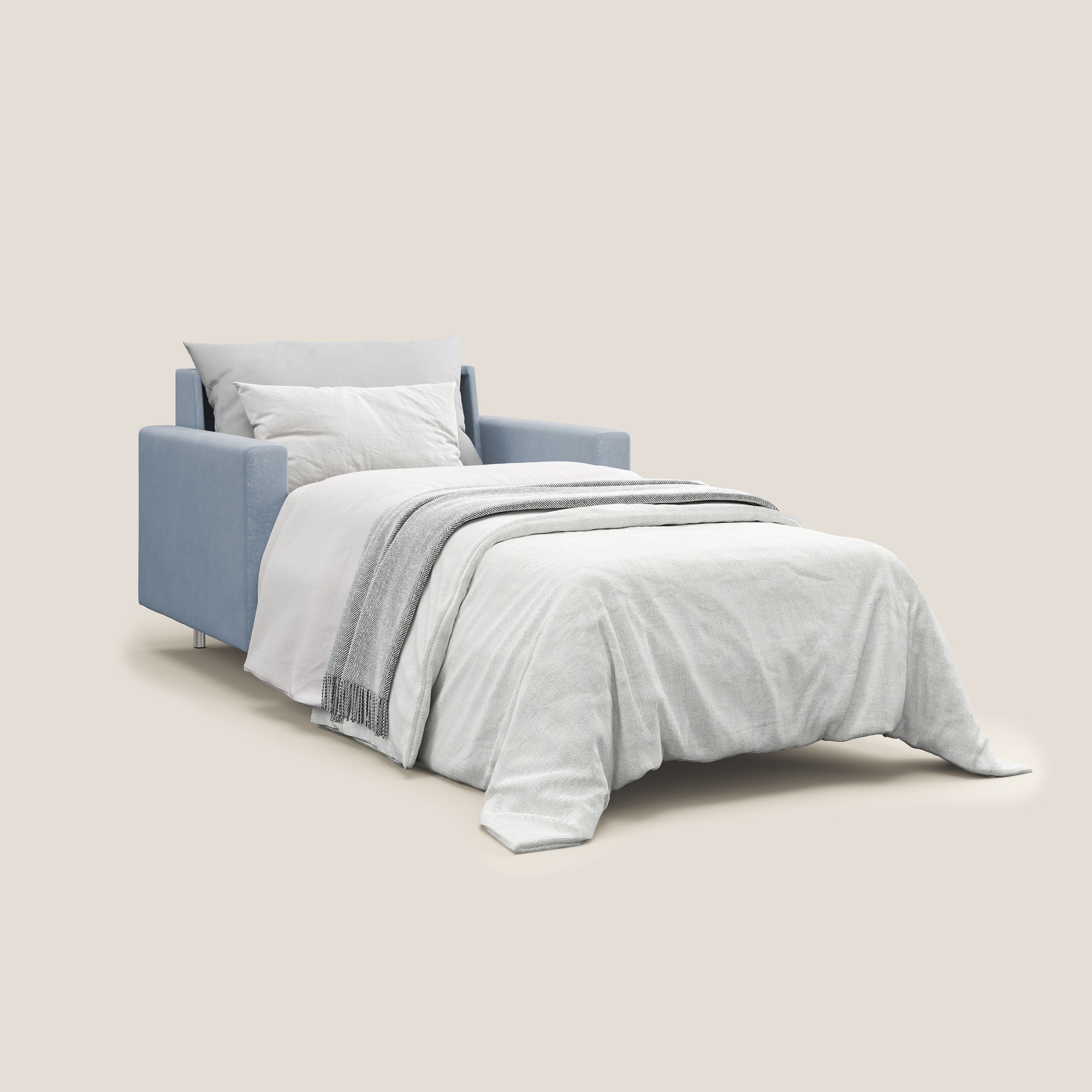 Megan poltrona letto in microfibra smacchiabile T11 carta da zucchero - divani.store