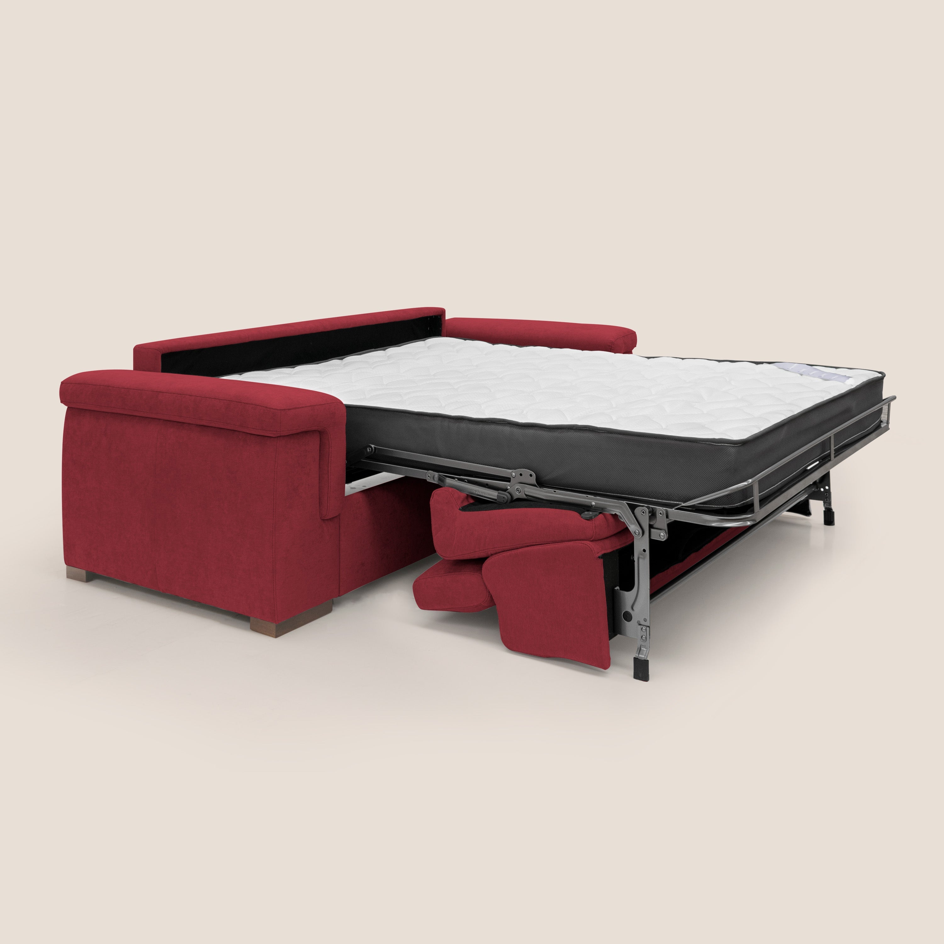 Giunone divano letto con materasso alto 18 cm e poggiatesta reclinabili in tessuto impermeabile T02 rosso - divani.store