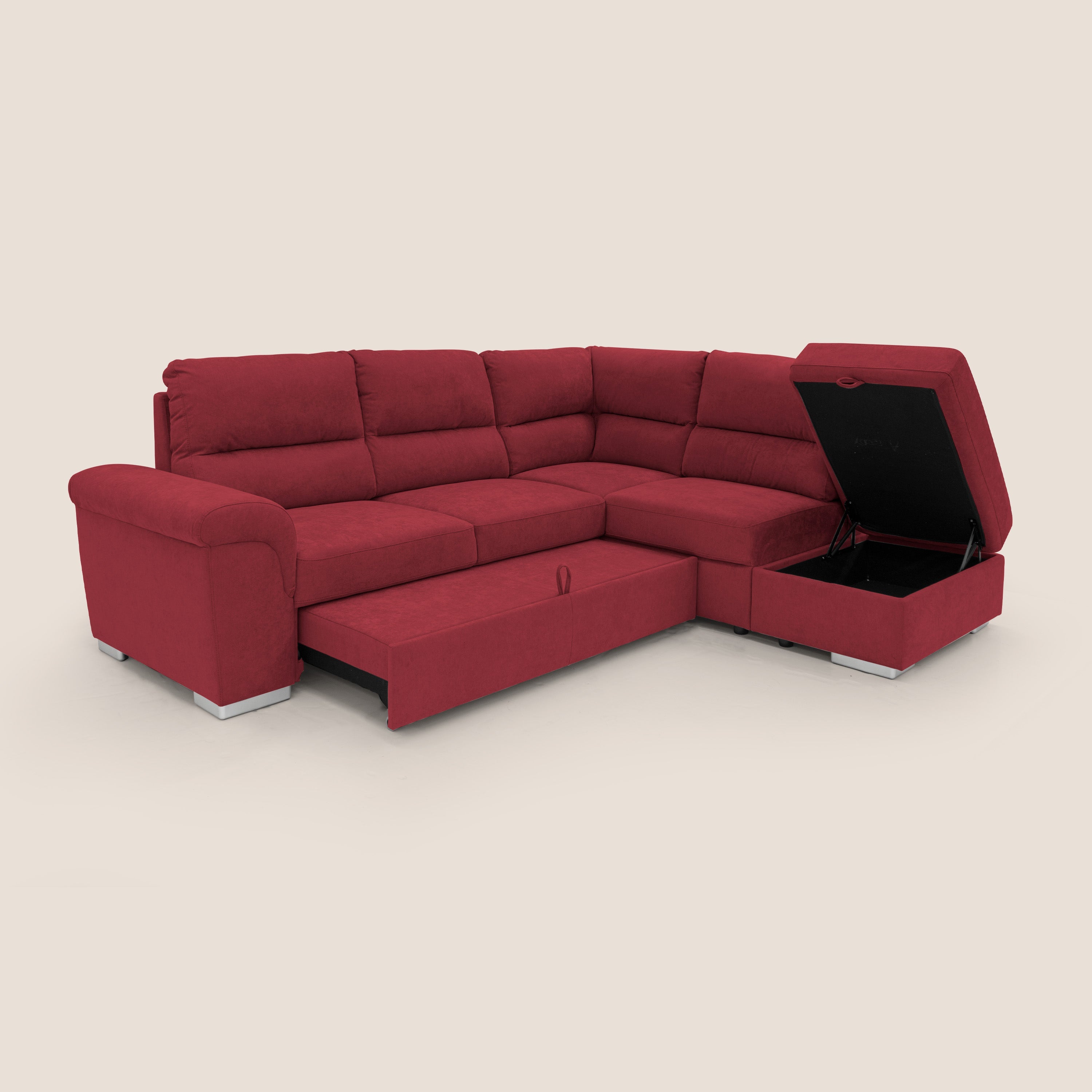 Minerva divano angolare con estraibile a cassettone e pouf contenitore in tessuto morbido impermeabile T02 rosso - divani.store