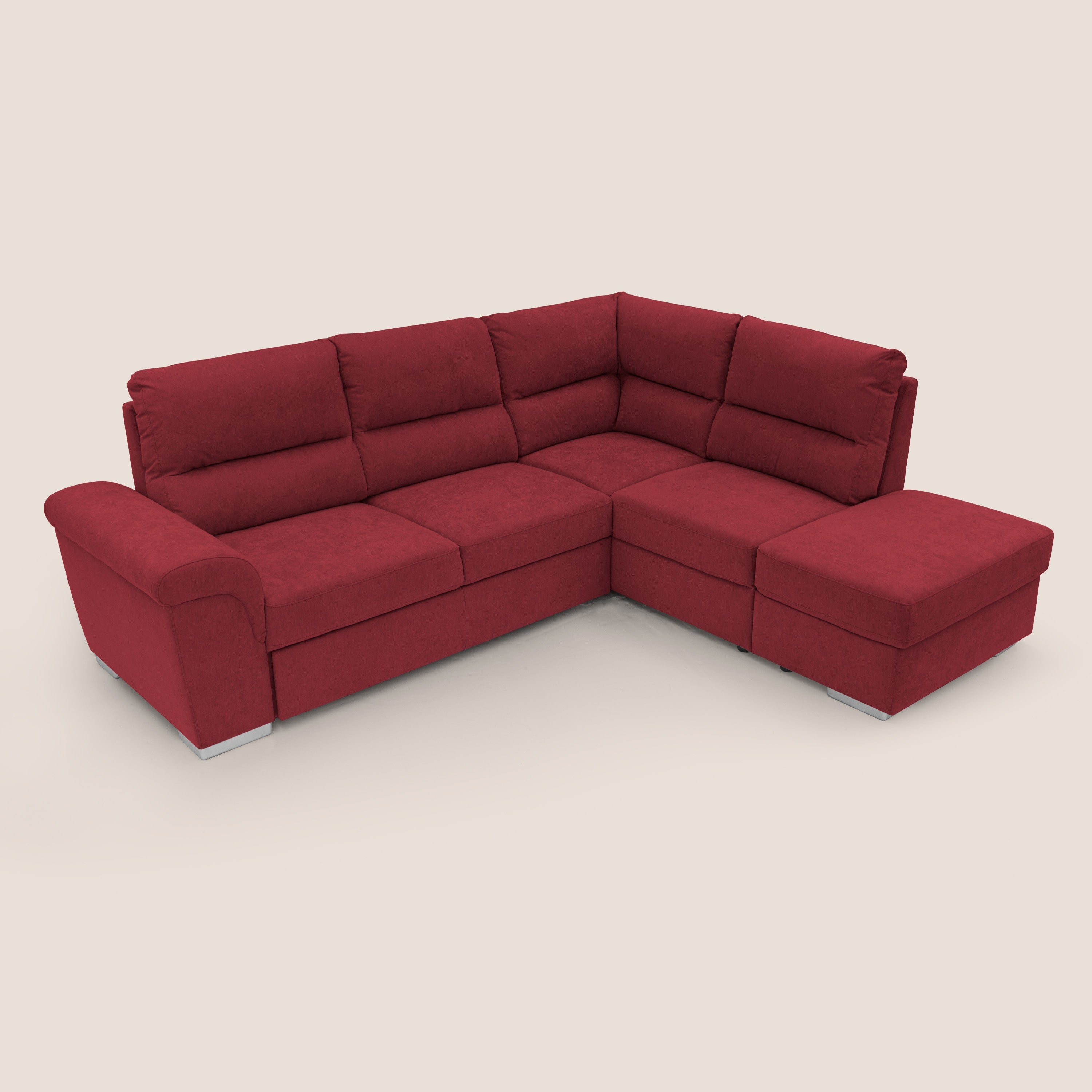 Minerva divano angolare con estraibile a cassettone e pouf contenitore in tessuto morbido impermeabile T02 rosso - divani.store