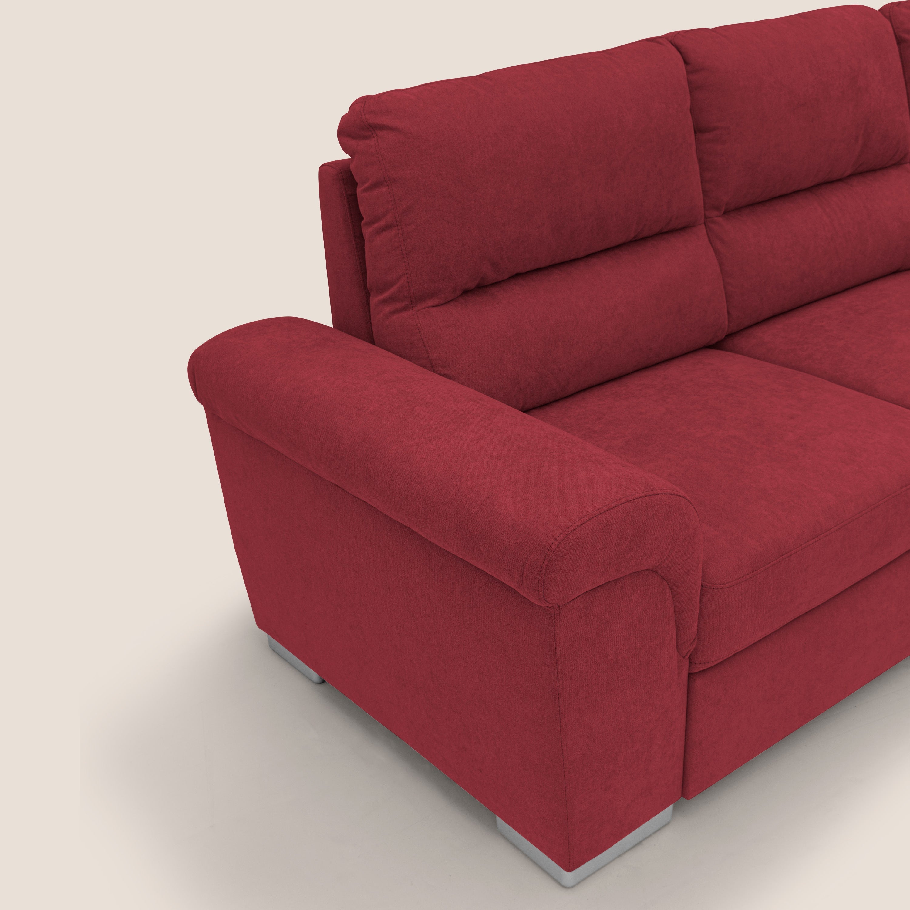 Minerva divano angolare con estraibile a cassettone e pouf contenitore in tessuto morbido impermeabile T02 rosso - divani.store