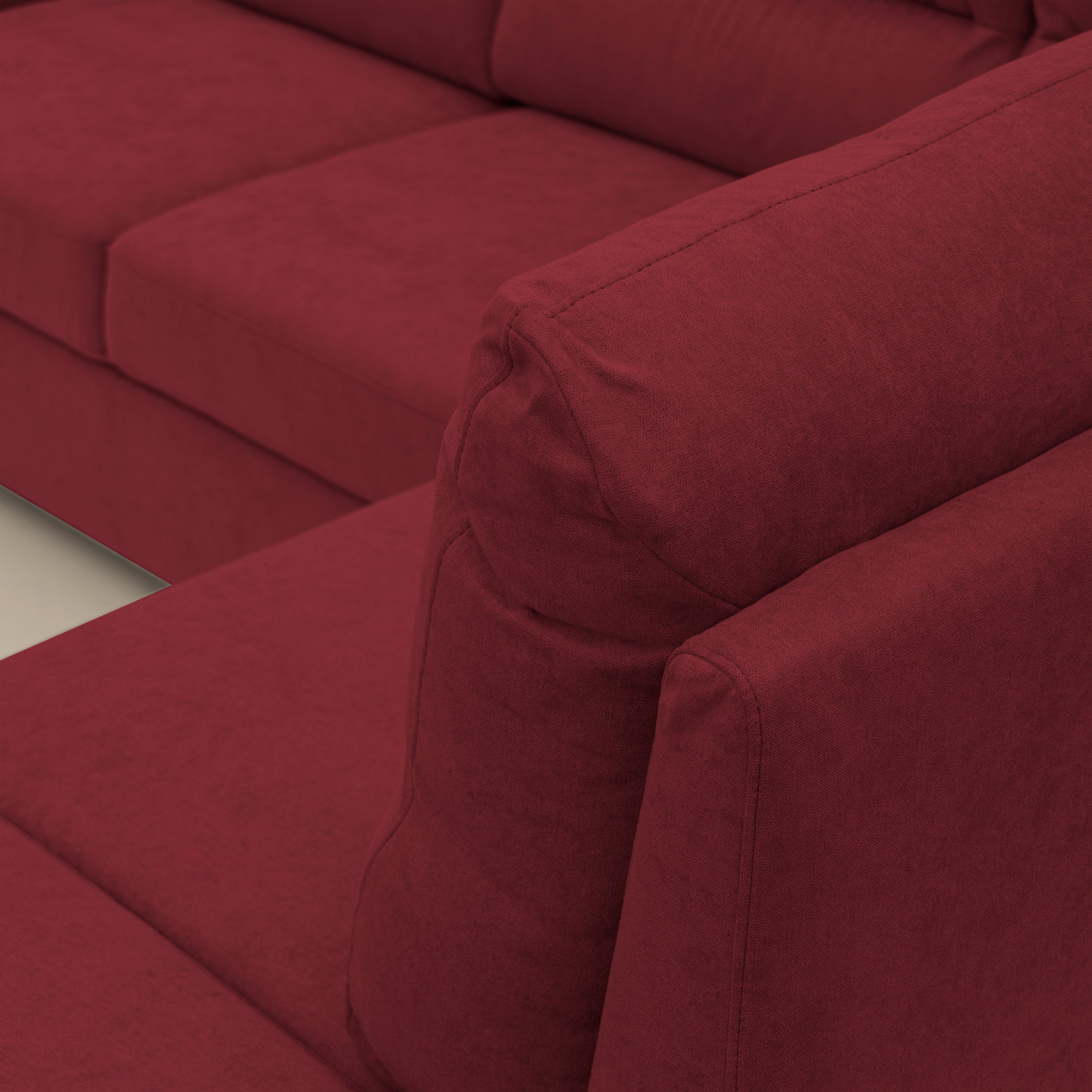 Minerva divano angolare con estraibile a cassettone e pouf contenitore in tessuto morbido impermeabile T02 rosso - divani.store