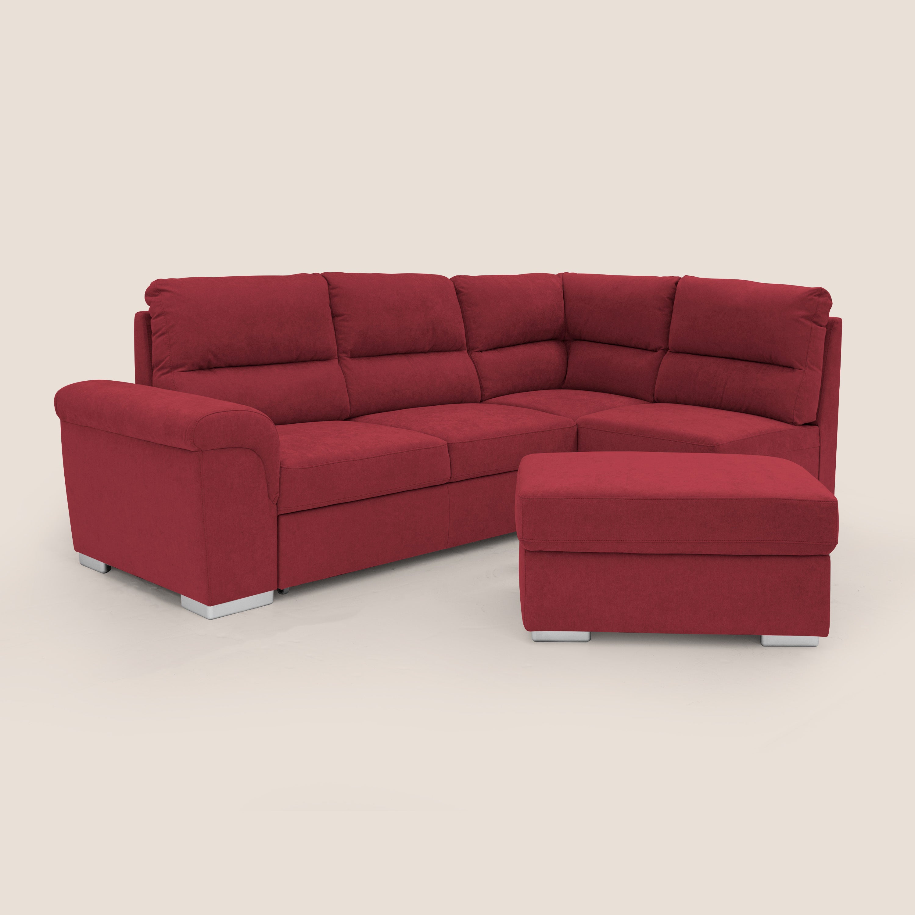 Minerva divano angolare con estraibile a cassettone e pouf contenitore in tessuto morbido impermeabile T02 rosso - divani.store
