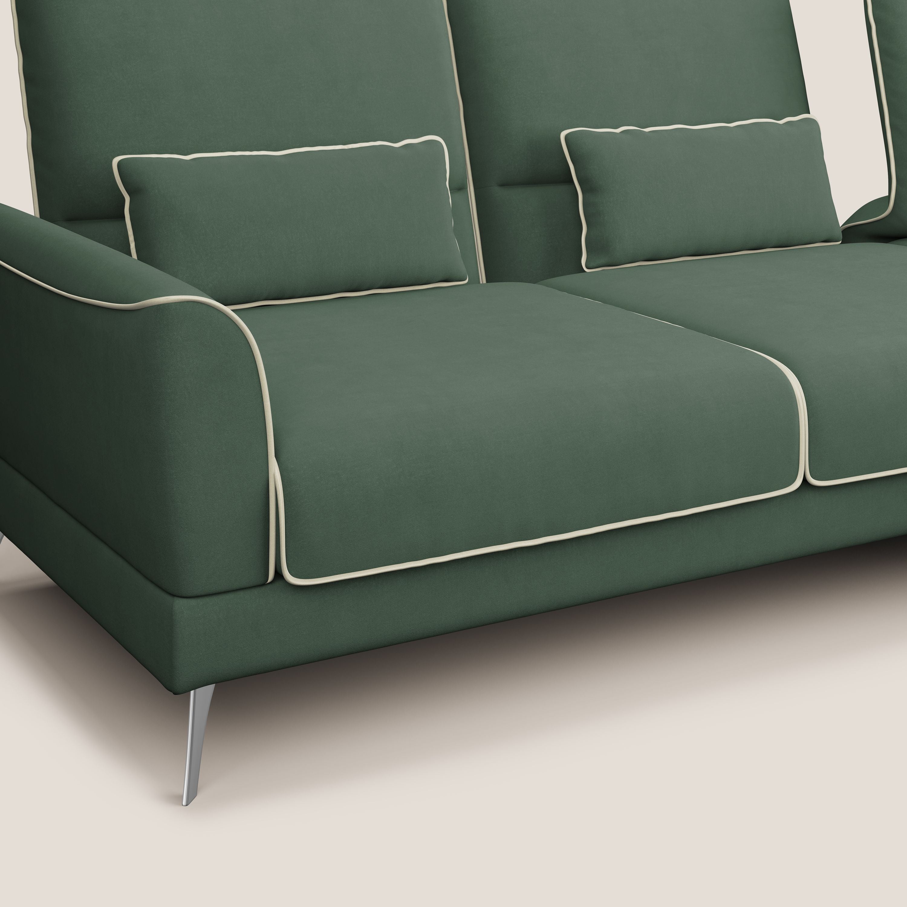 Tommy Divano angolare bicolore con relax e schienali traslanti in microfibra smacchiabile T11 verde - panna - divani.store