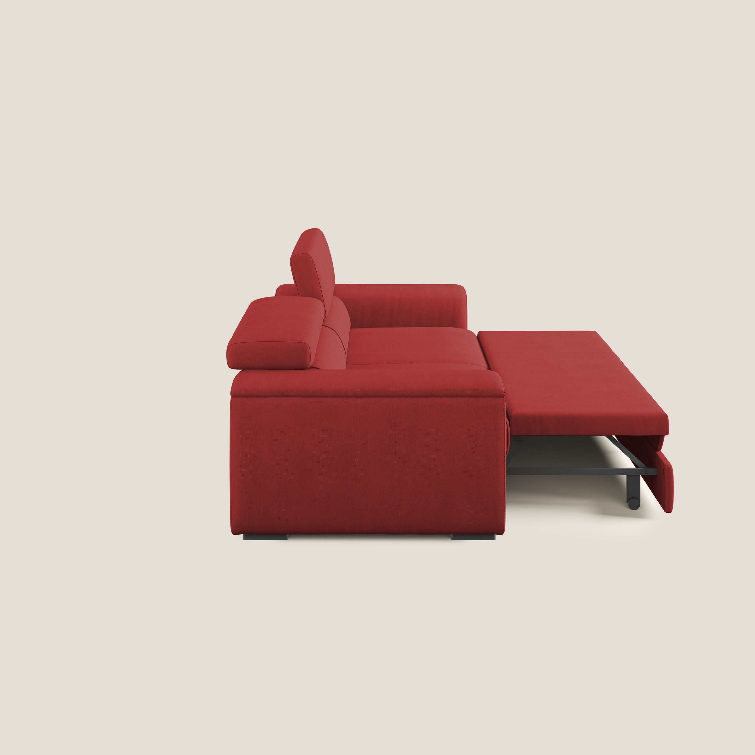 Zeno Divano con pouf estraibile poggiapiedi in tessuto morbido impermeabile T02 rosso - divani.store