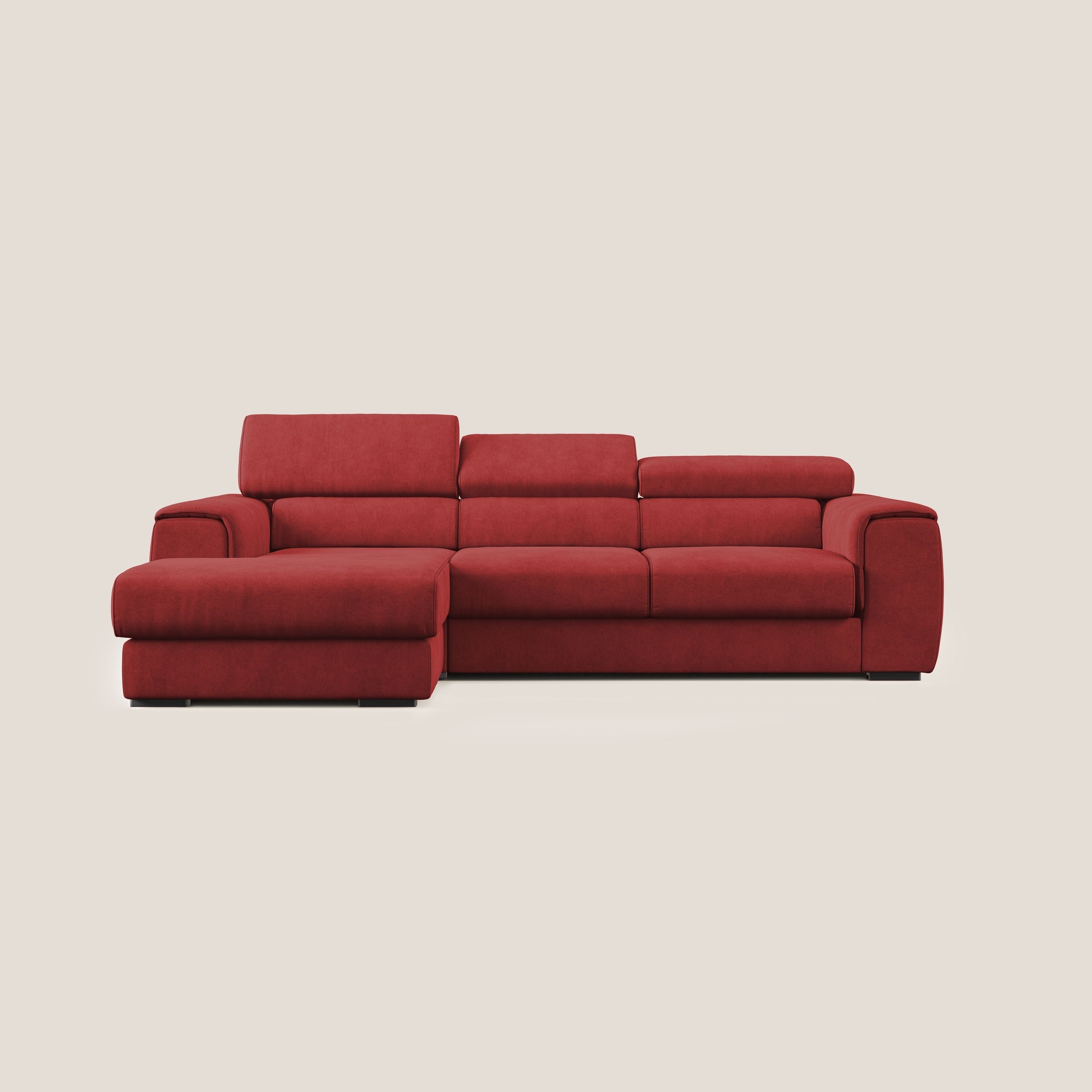 Zeno Divano angolare con pouf estraibile poggiapiedi in tessuto morbido impermeabile T02 rosso - divani.store