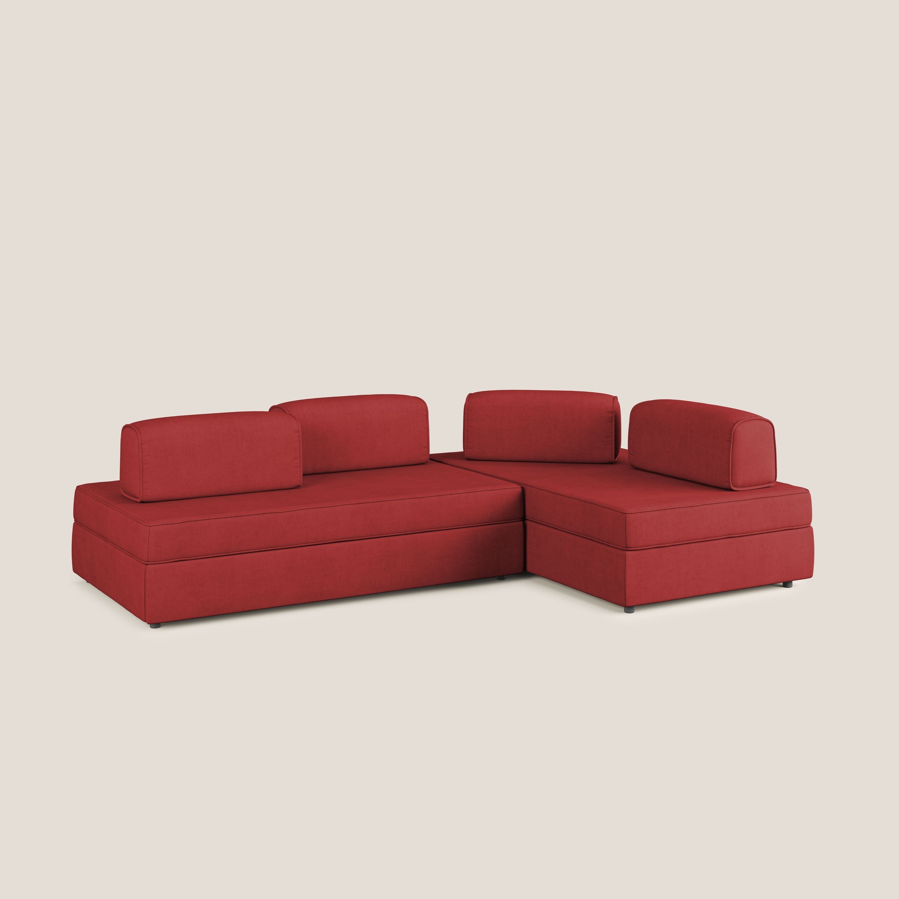 Liberty divano angolare con pouf estraibile e schienali movibili in tessuto morbido impermeabile T02 rosso - divani.store