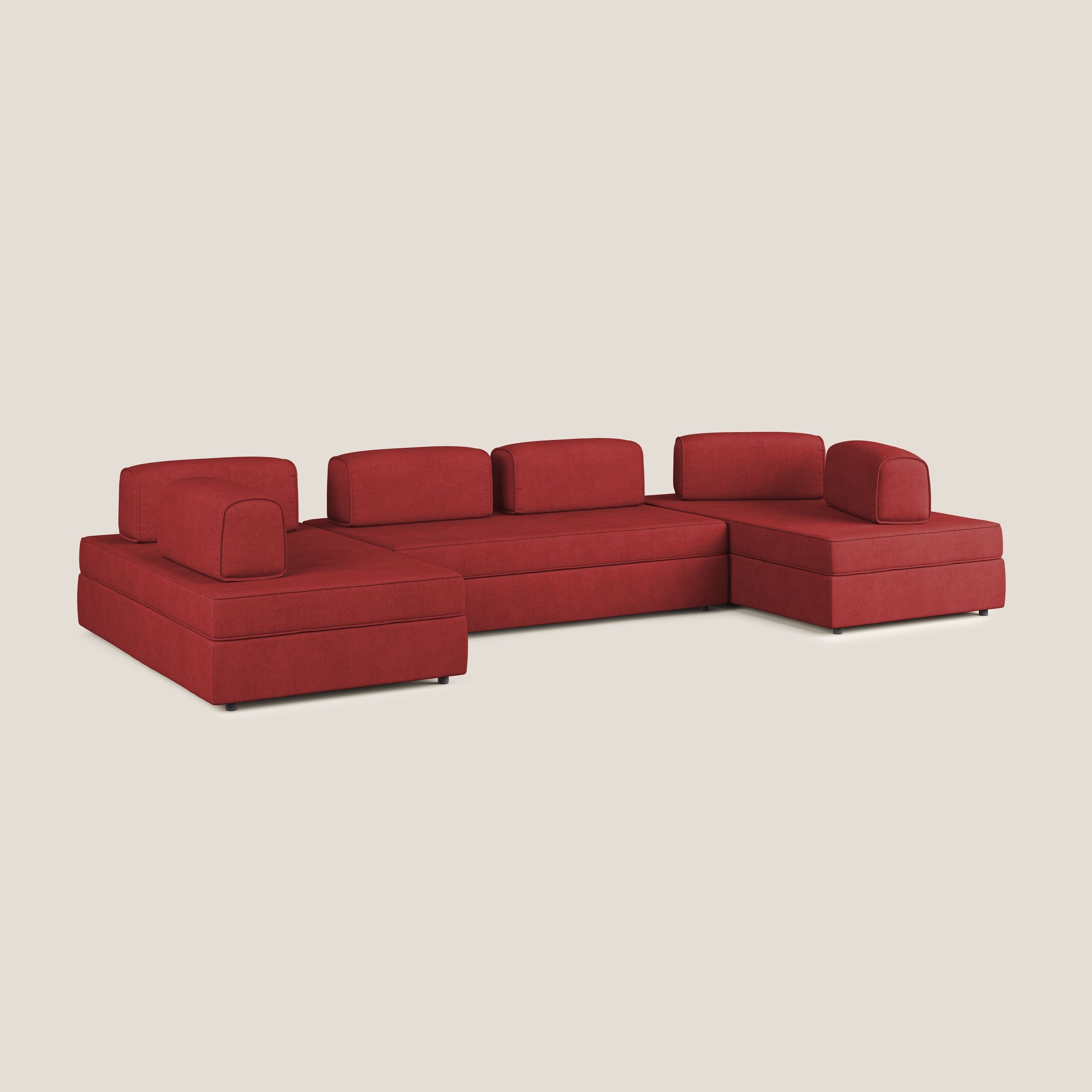 Liberty divano panoramico con pouf estraibile e schienali movibili in tessuto morbido impermeabile T02 rosso - divani.store