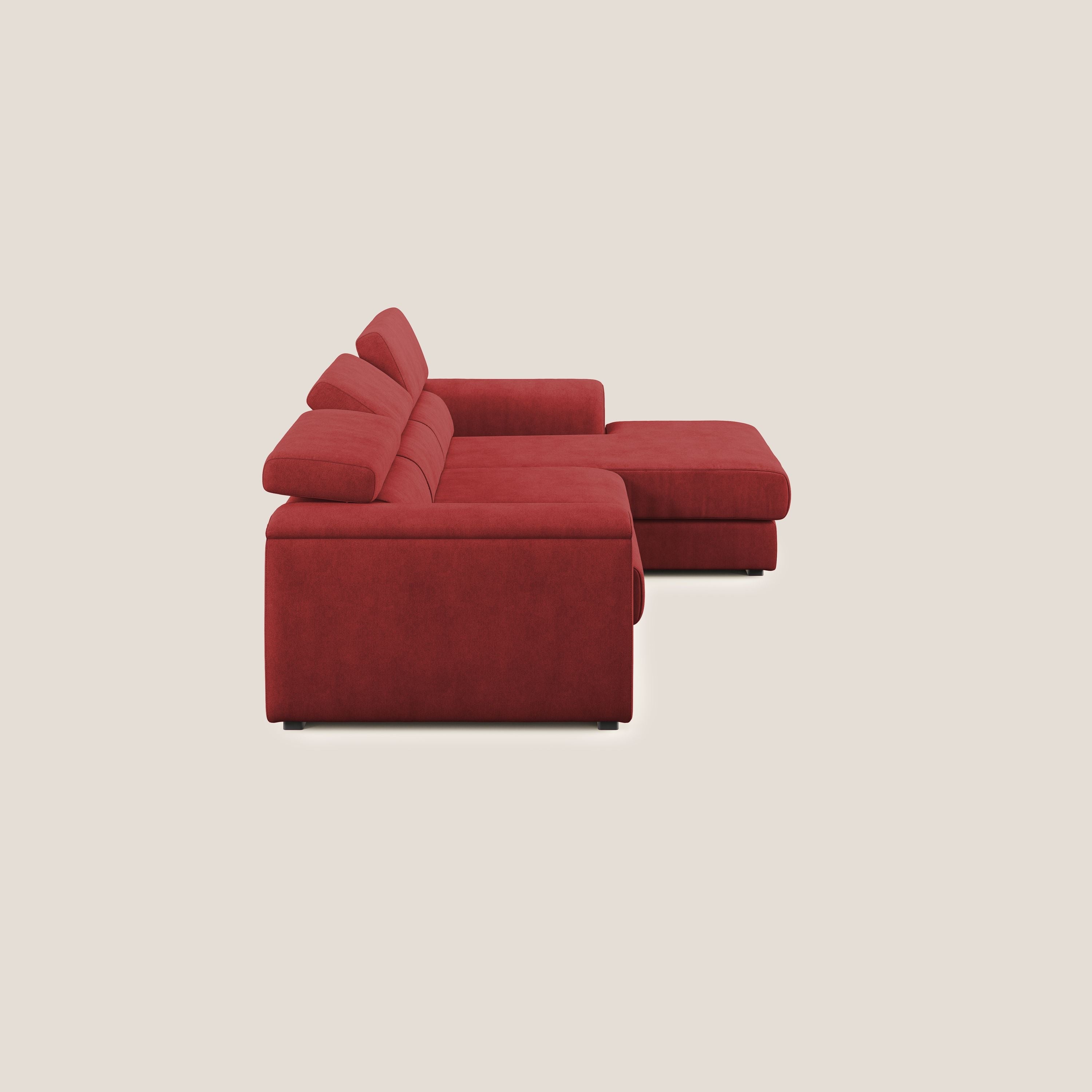 Zeno Divano angolare con pouf estraibile poggiapiedi in tessuto morbido impermeabile T02 rosso - divani.store