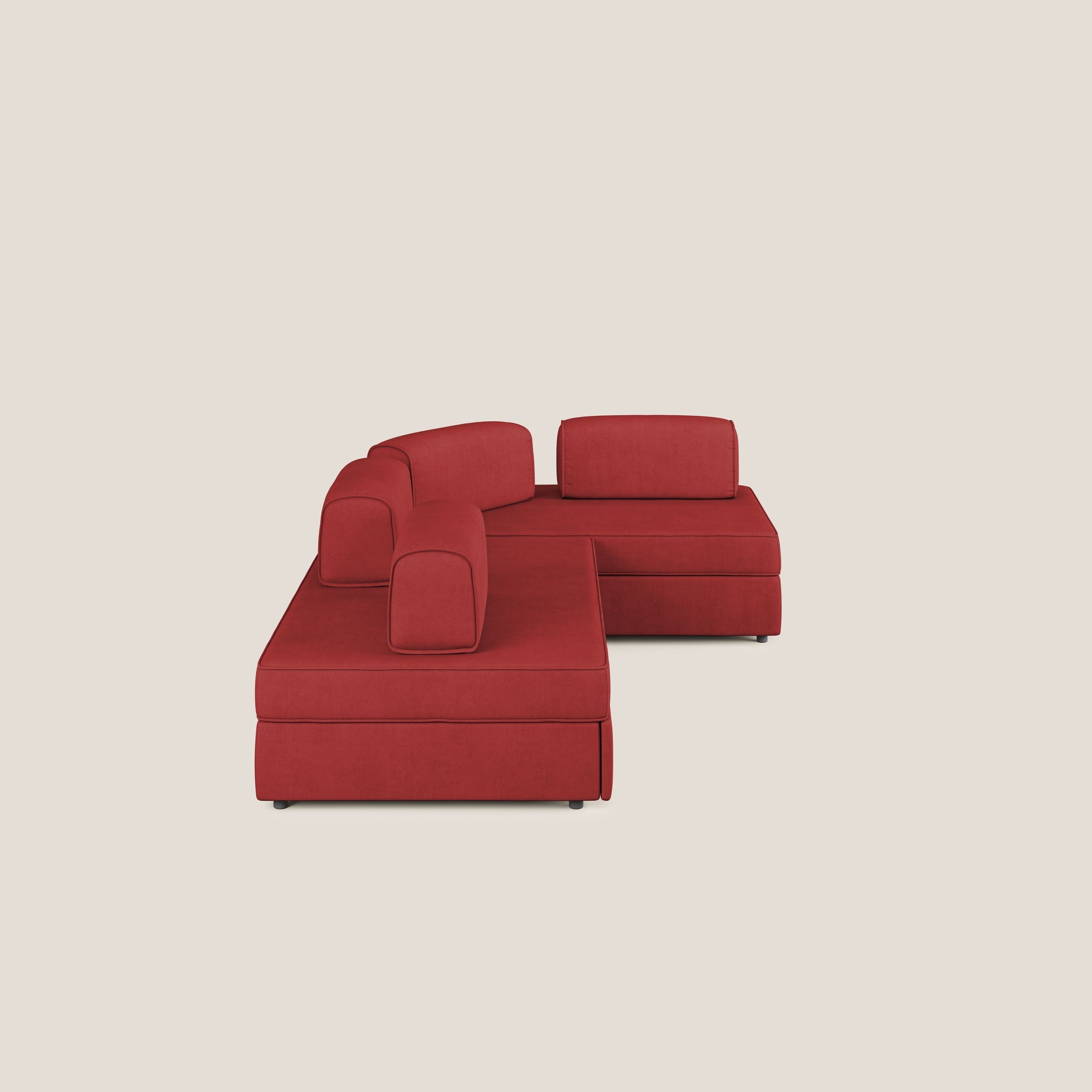 Liberty divano angolare con pouf estraibile e schienali movibili in tessuto morbido impermeabile T02 rosso - divani.store