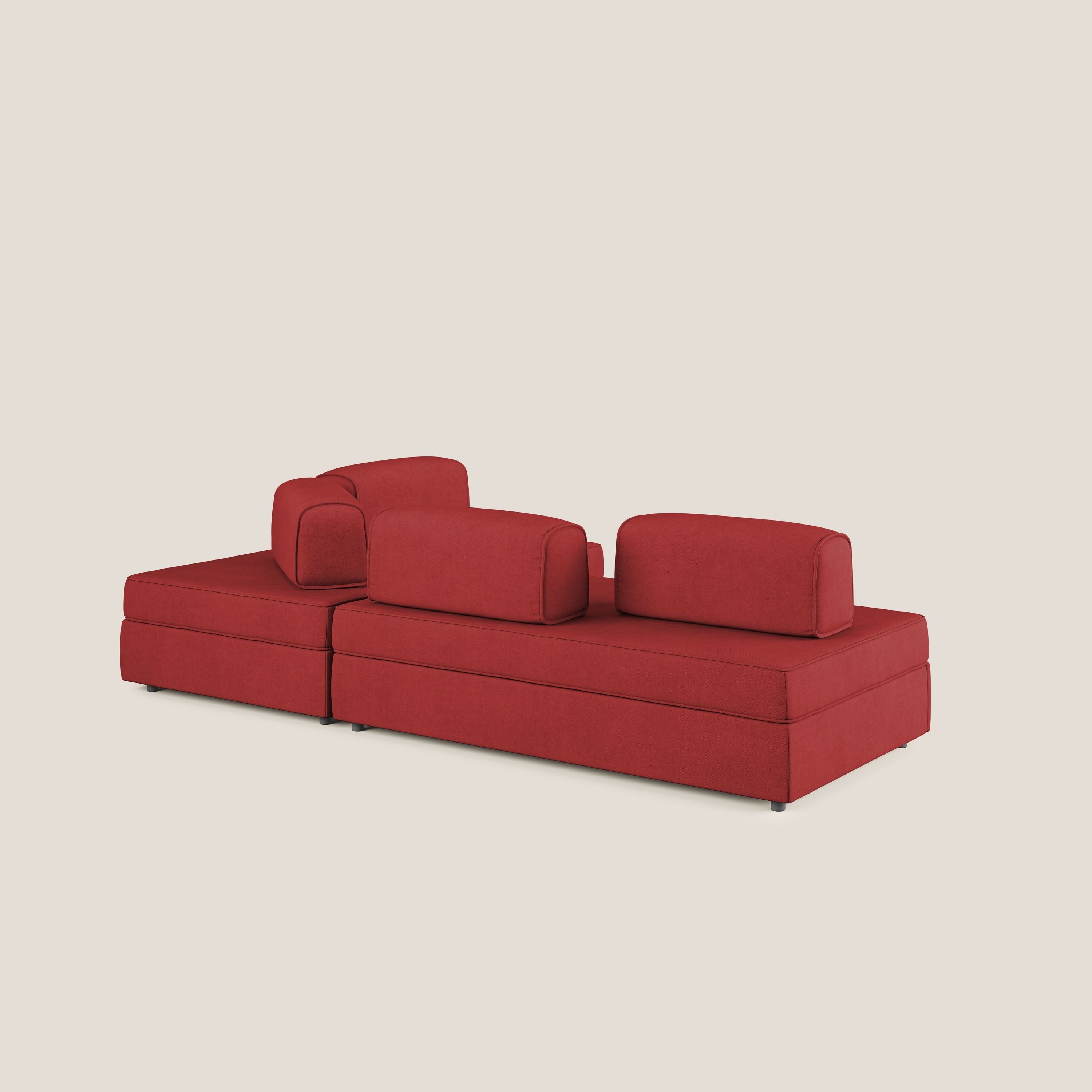 Liberty divano angolare con pouf estraibile e schienali movibili in tessuto morbido impermeabile T02 rosso - divani.store