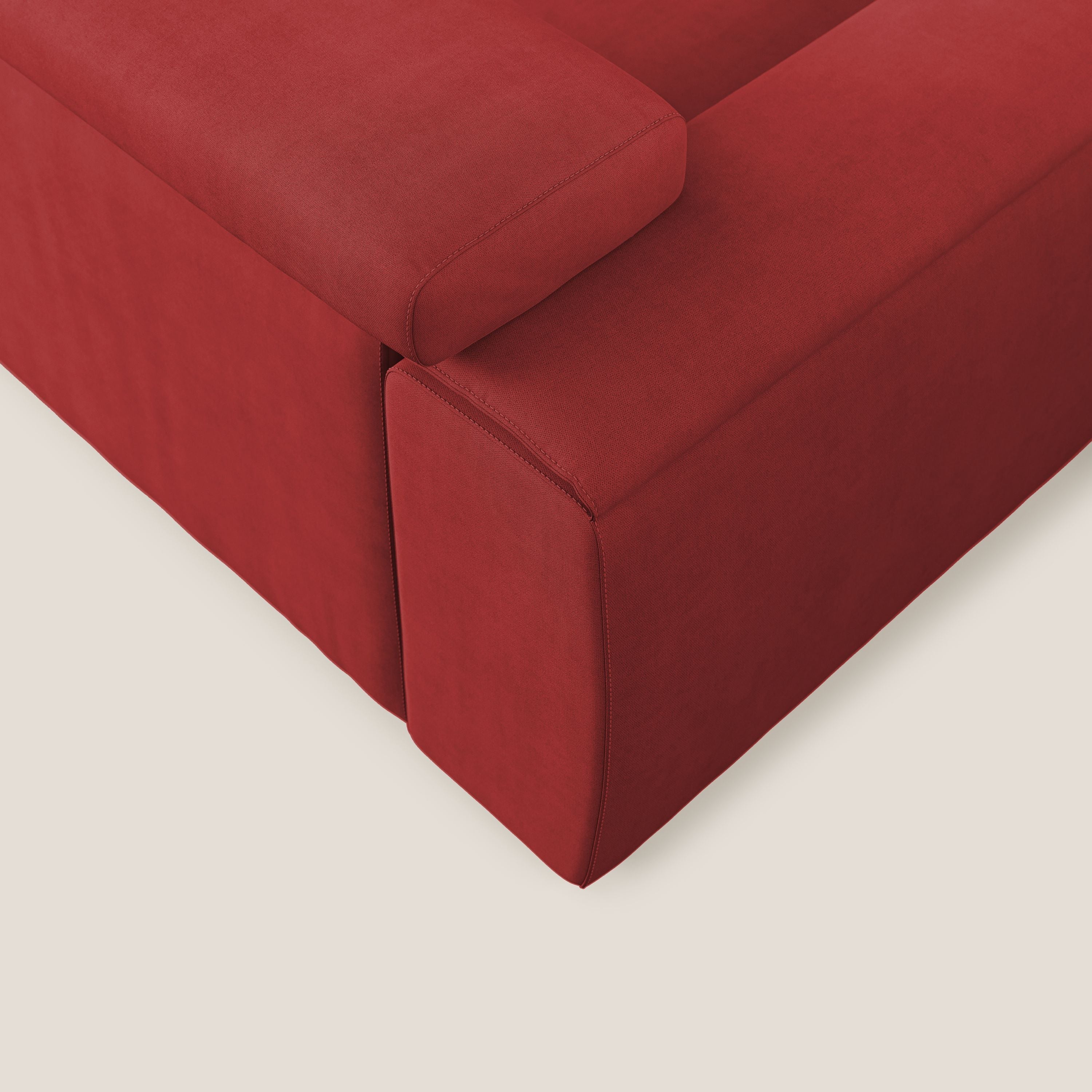 Zeno Divano angolare con pouf estraibile poggiapiedi in tessuto morbido impermeabile T02 rosso - divani.store