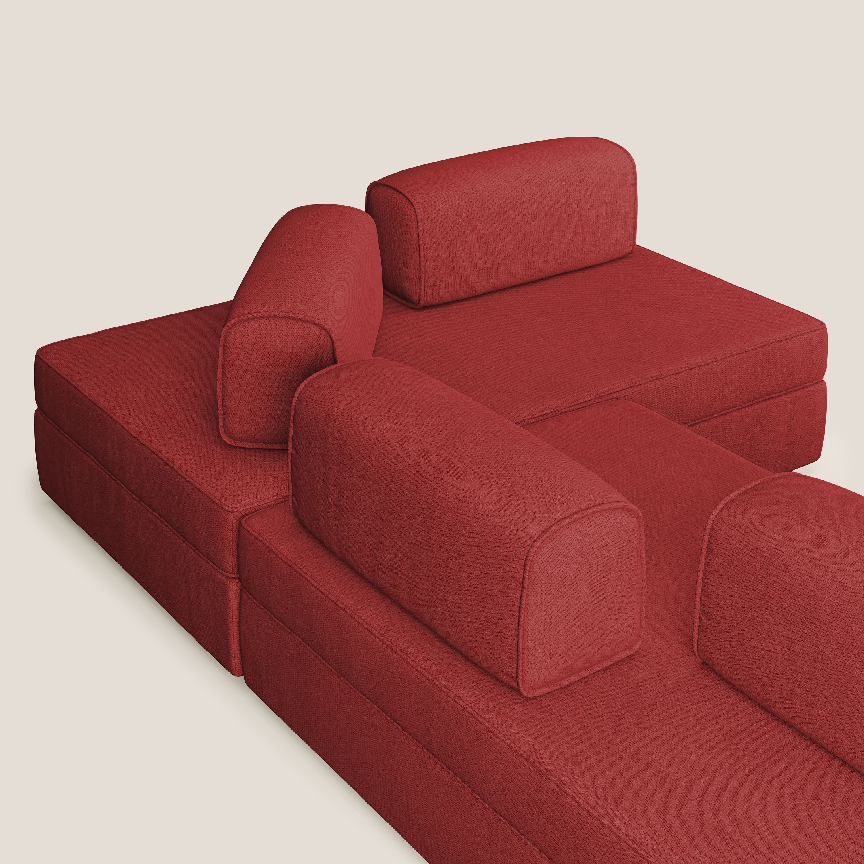 Liberty divano angolare con pouf estraibile e schienali movibili in tessuto morbido impermeabile T02 rosso - divani.store