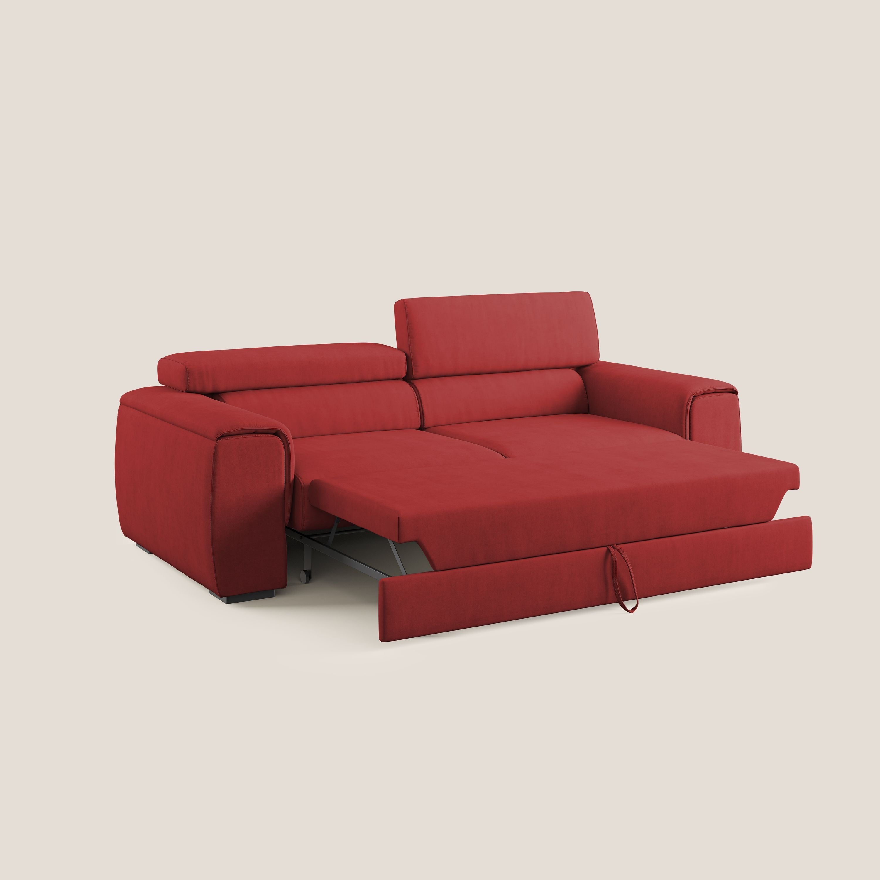 Zeno Divano con pouf estraibile poggiapiedi in tessuto morbido impermeabile T02 rosso - divani.store