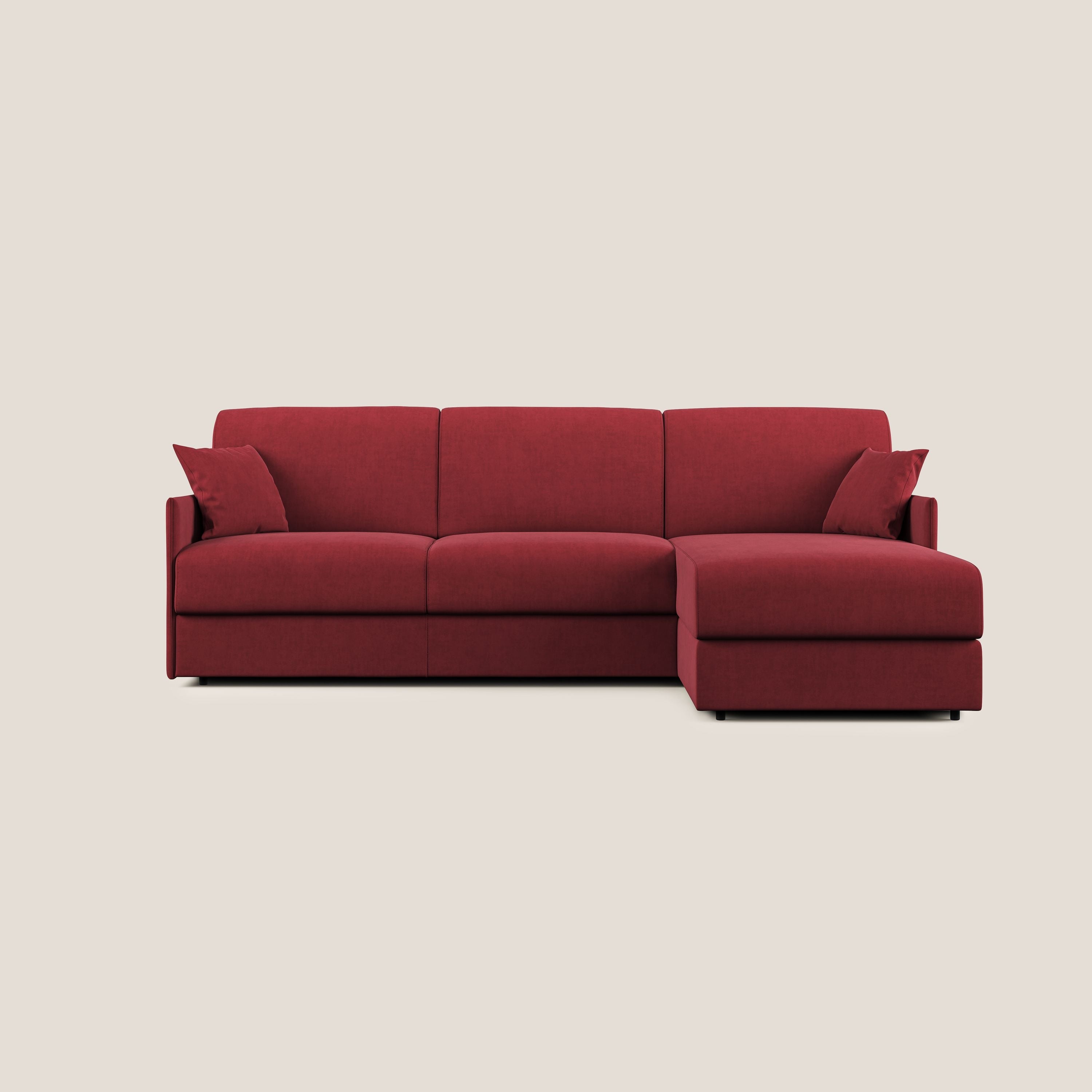Evans Divano letto angolare con penisola in morbido tessuto impermeabile T02 rosso - divani.store