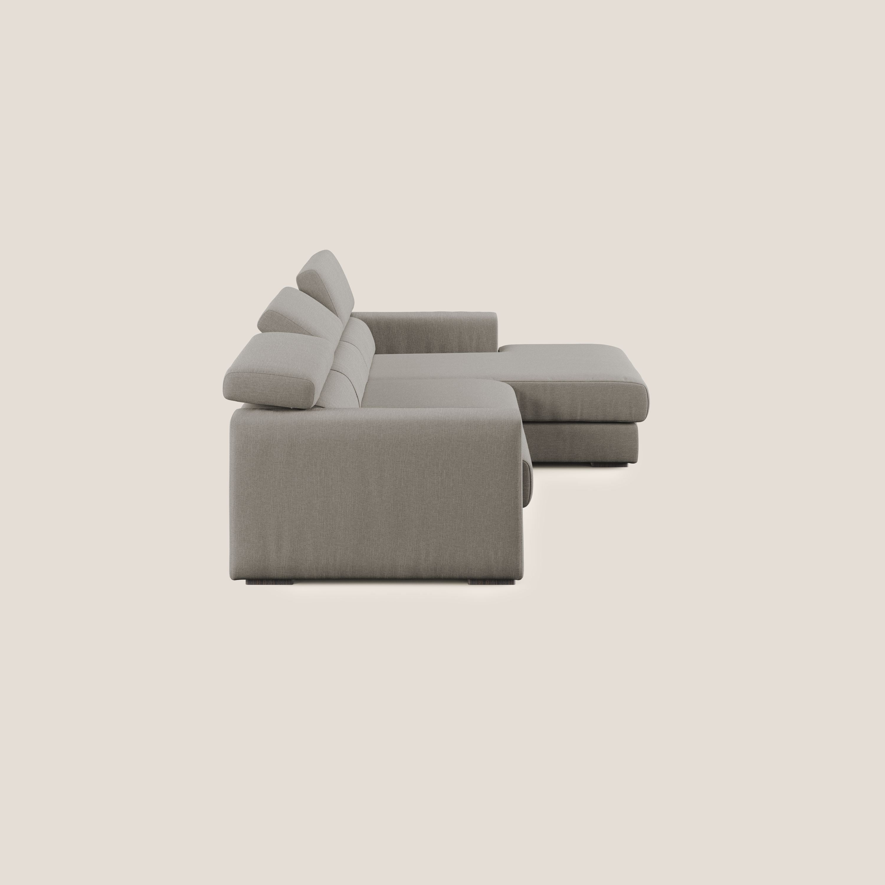 Dylan divano angolare con pouf estraibile poggiapiedi in tessuto simil cotone impermeabile T13 tortora - divani.store