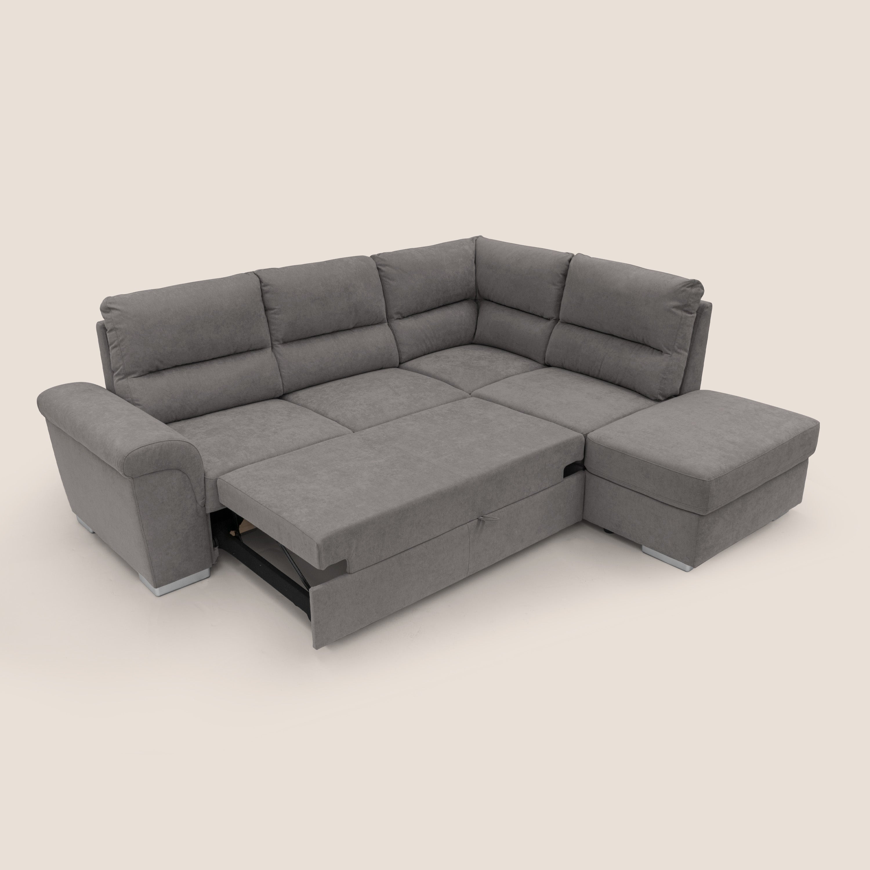 Minerva divano angolare con estraibile a cassettone e pouf contenitore in tessuto morbido impermeabile T02 grigio - divani.store