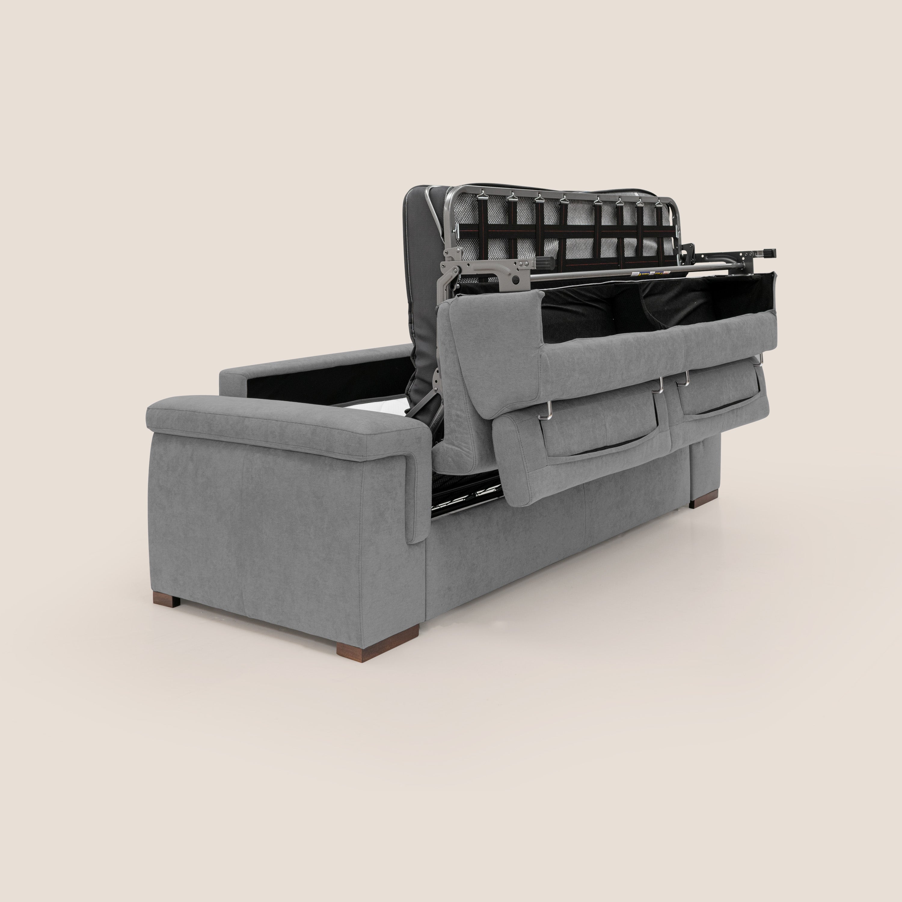 Giunone divano letto con materasso alto 18 cm e poggiatesta reclinabili in tessuto impermeabile T02 grigio - divani.store