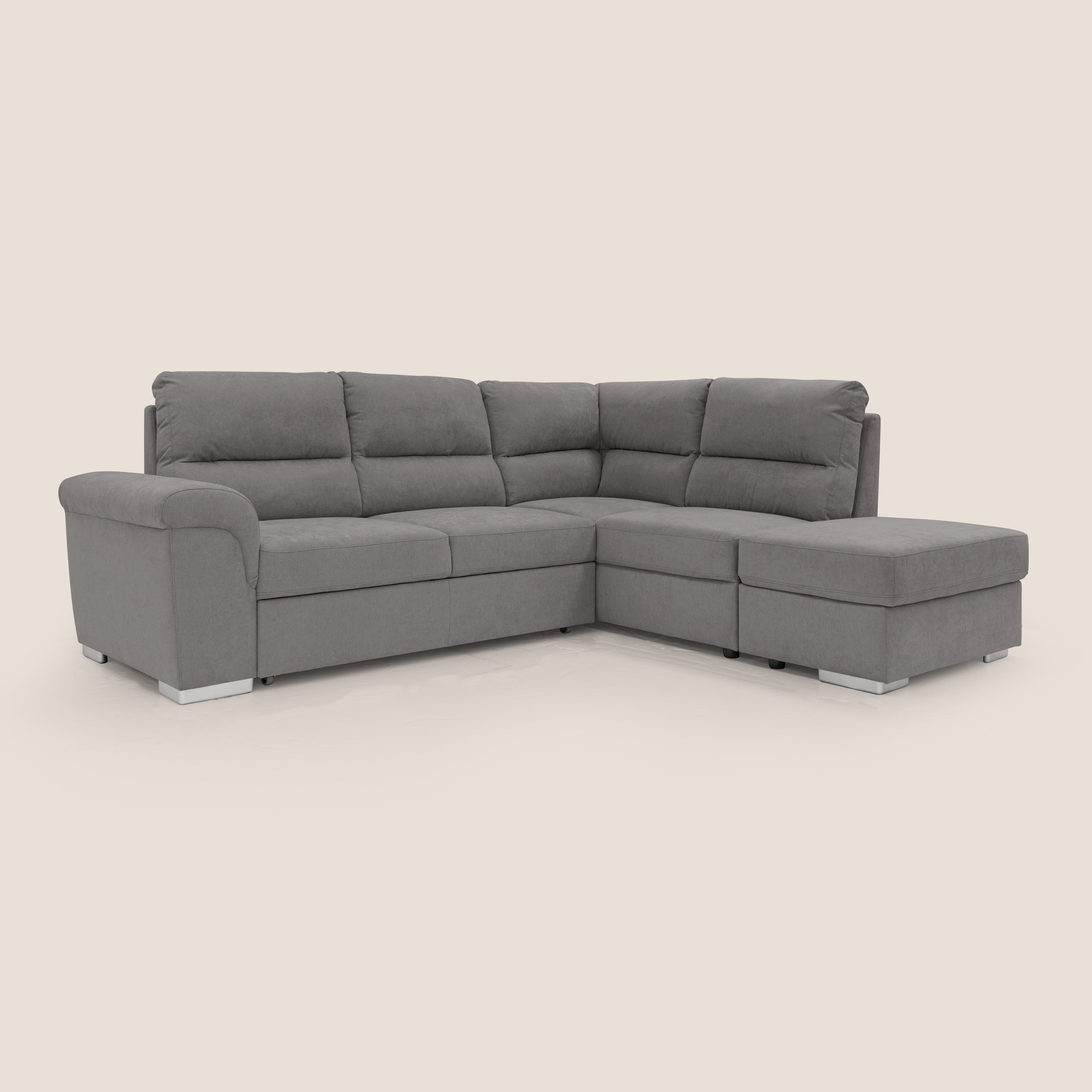 Minerva divano angolare con estraibile a cassettone e pouf contenitore in tessuto morbido impermeabile T02 grigio - divani.store