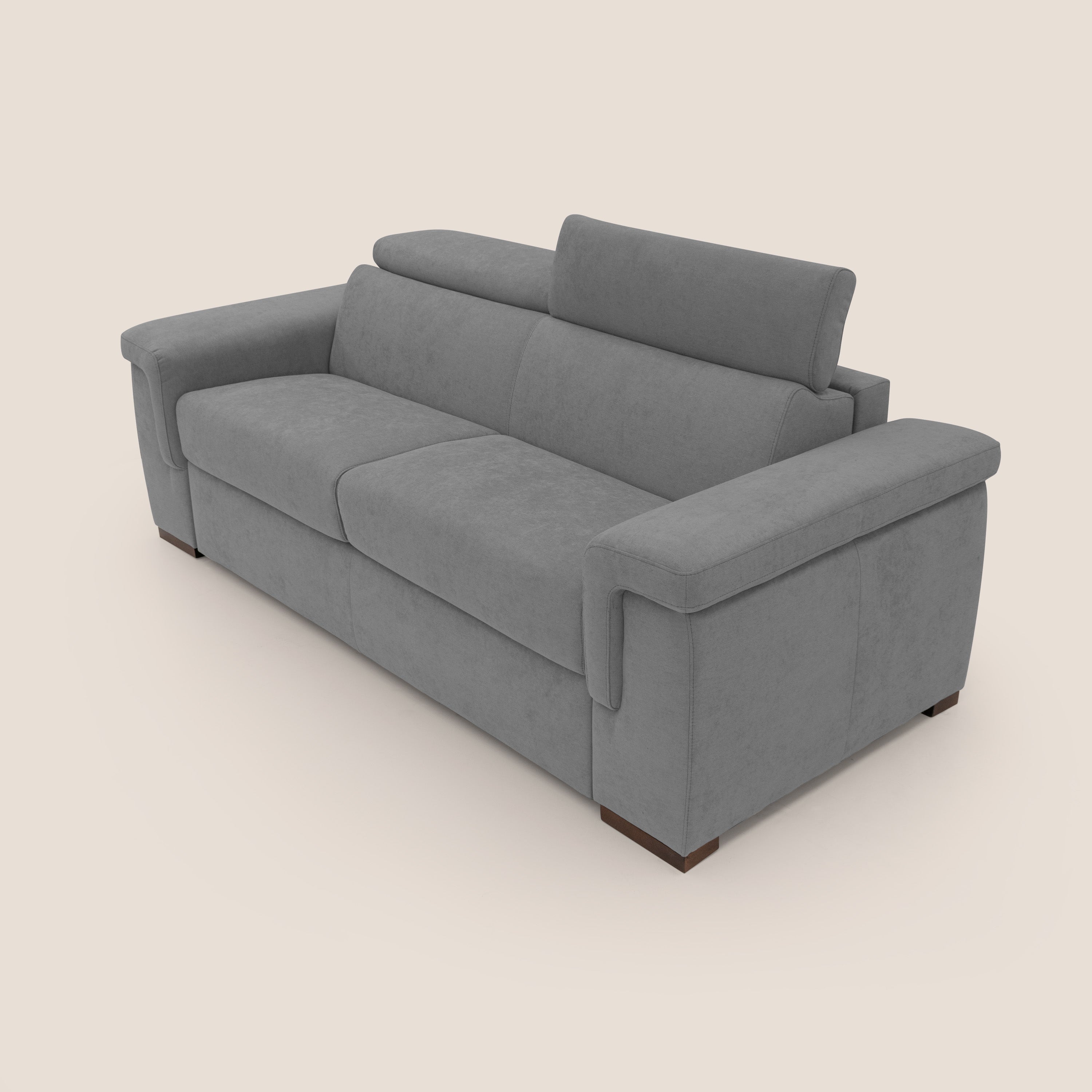 Giunone divano letto con materasso alto 18 cm e poggiatesta reclinabili in tessuto impermeabile T02 grigio - divani.store