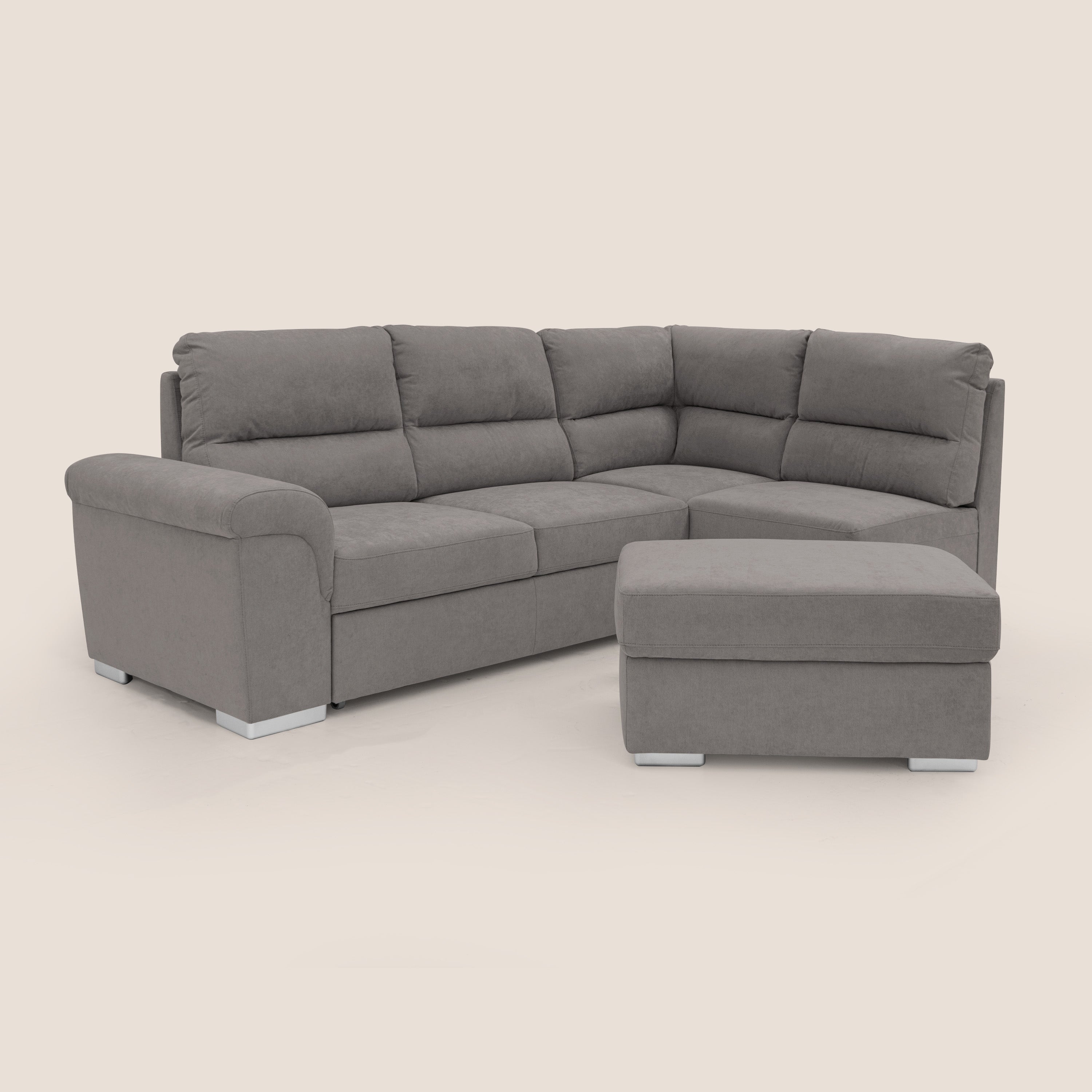 Minerva divano angolare con estraibile a cassettone e pouf contenitore in tessuto morbido impermeabile T02 grigio - divani.store