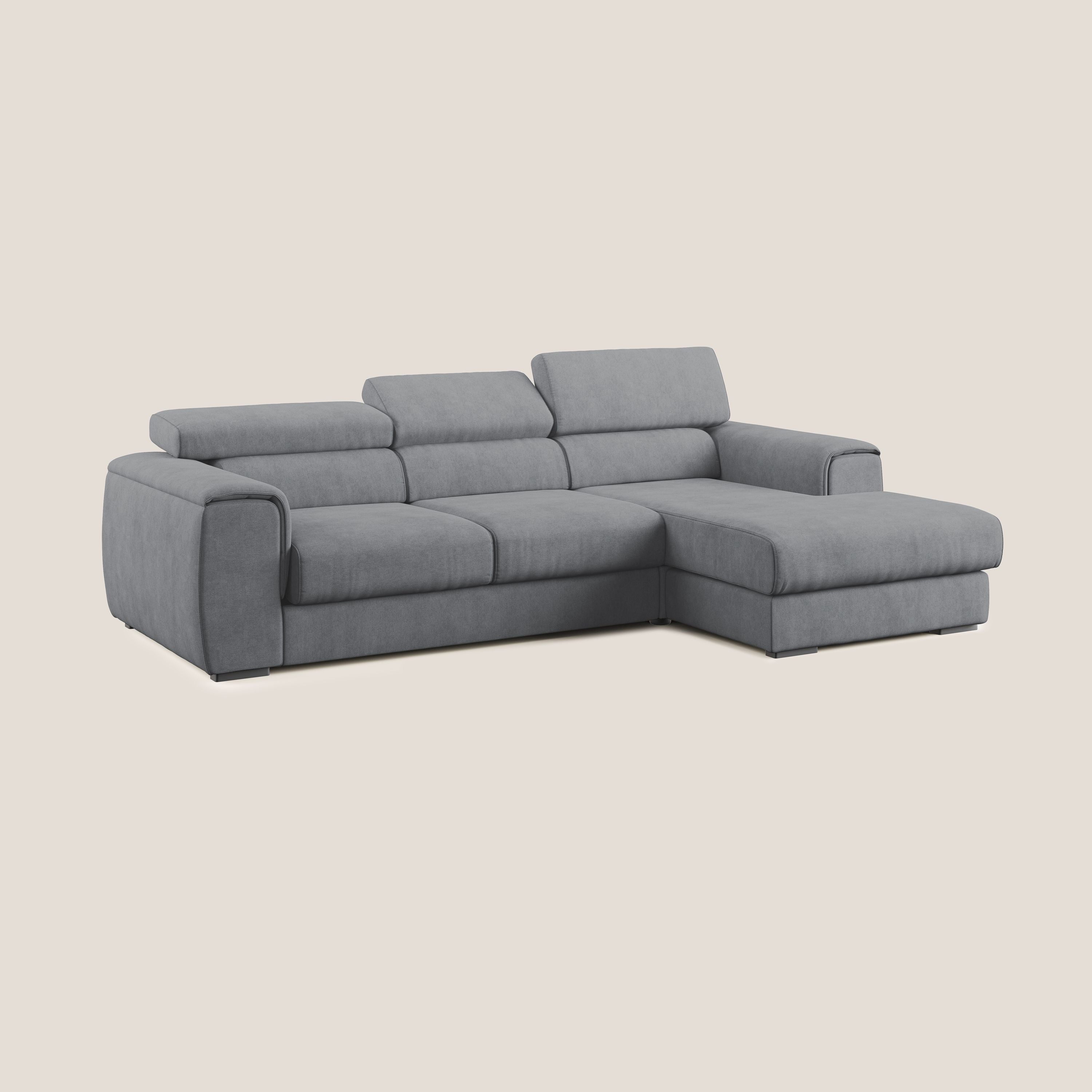 Zeno Divano angolare con pouf estraibile poggiapiedi in tessuto morbido impermeabile T02 grigio - divani.store