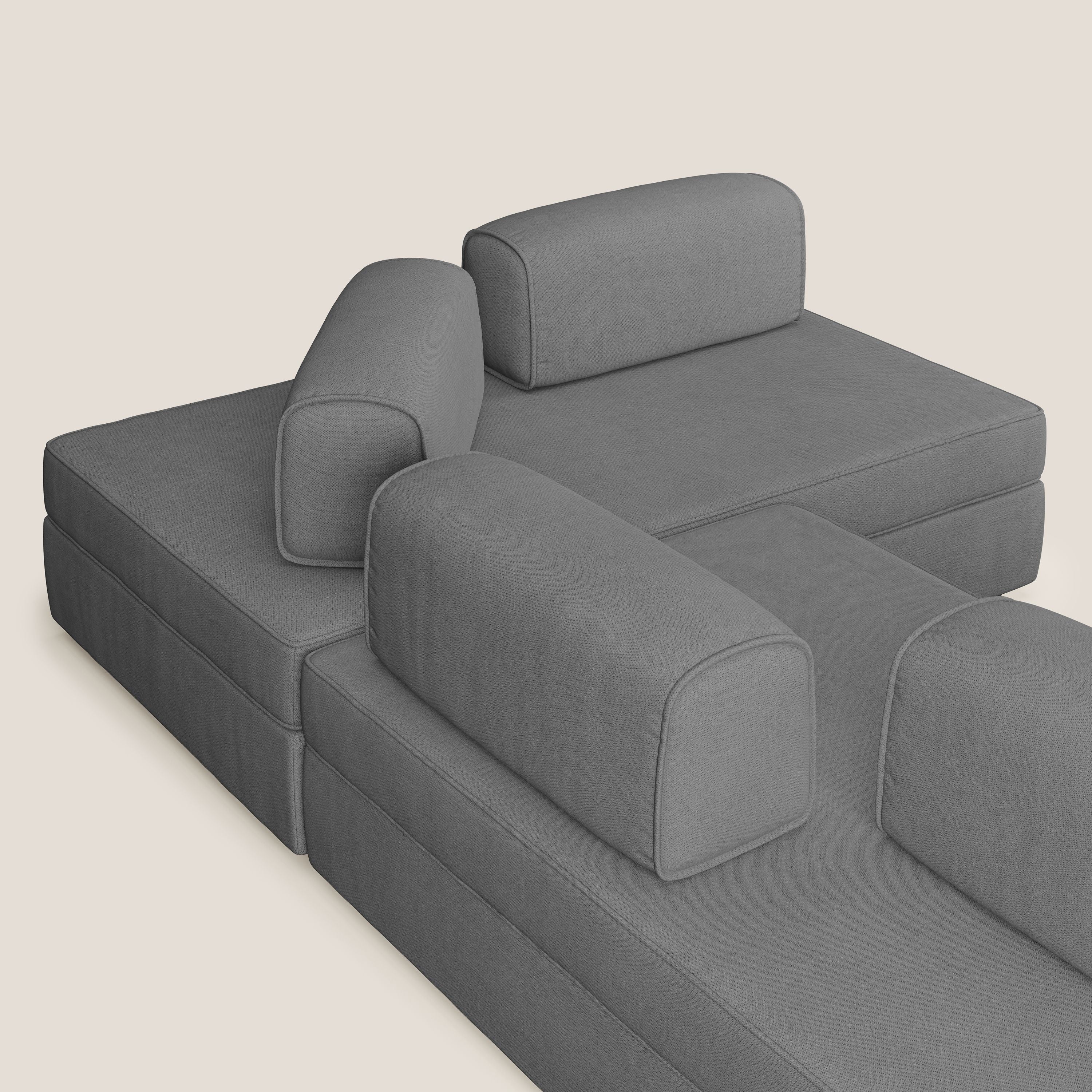 Liberty divano angolare con pouf estraibile e schienali movibili in tessuto morbido impermeabile T02 grigio - divani.store