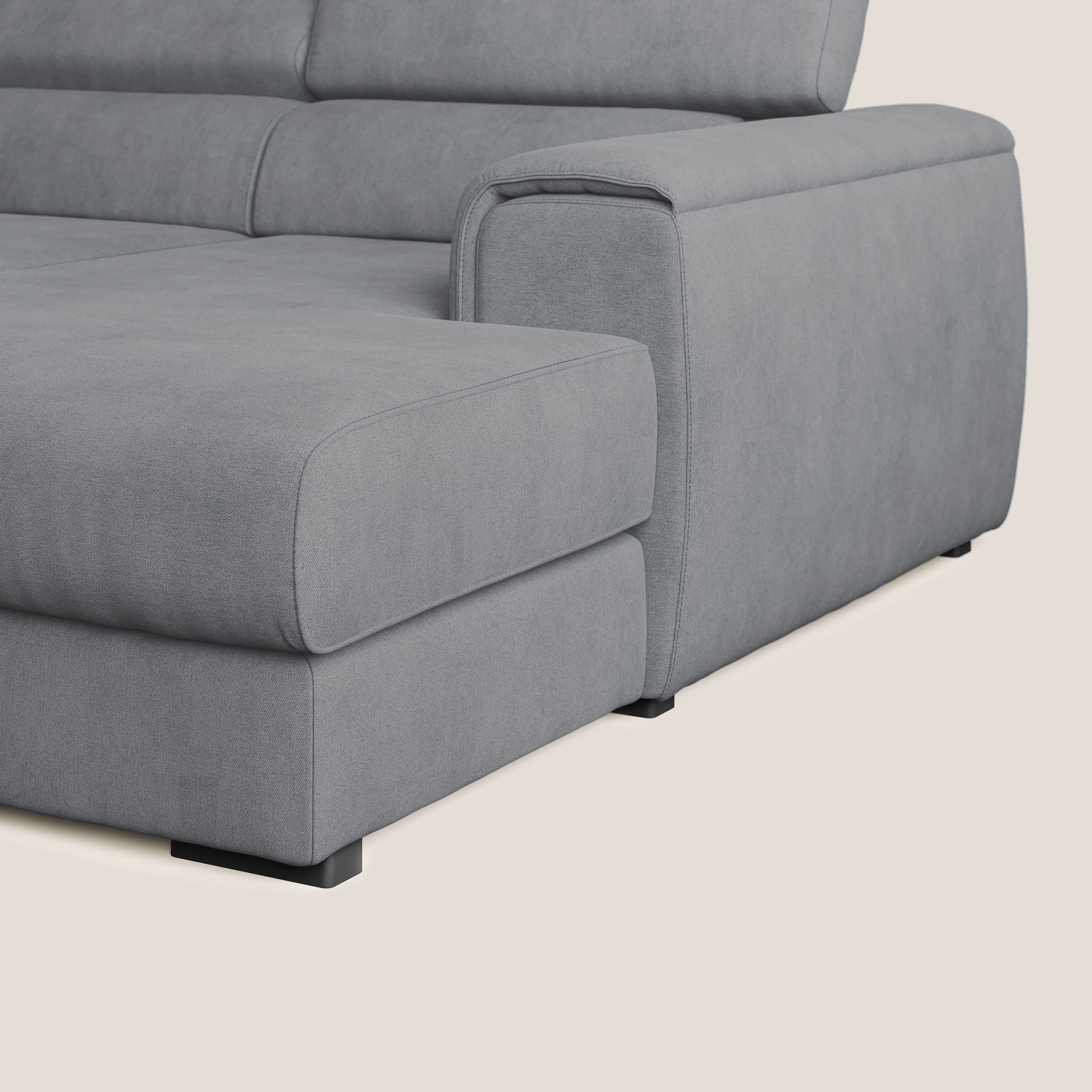 Zeno Divano angolare con pouf estraibile poggiapiedi in tessuto morbido impermeabile T02 grigio - divani.store