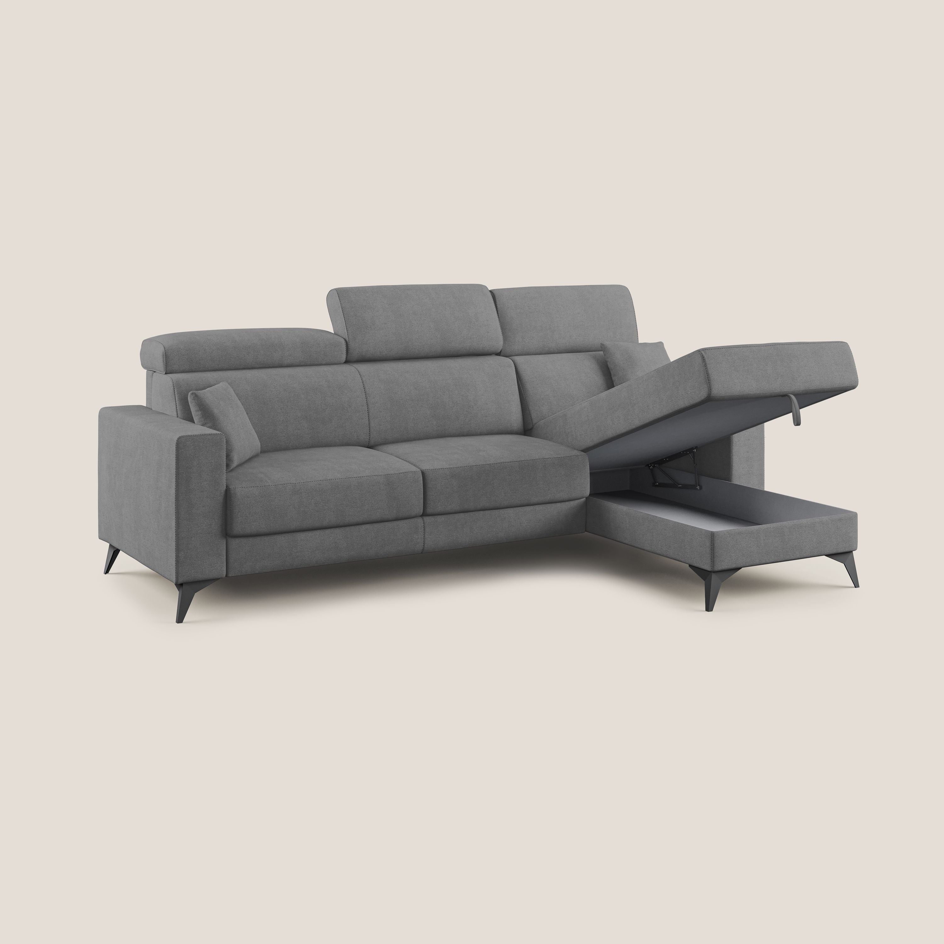 Pegaso divano letto angolare con poggiatesta reclinabili e rivestimento impermeabile T02 grigio - divani.store