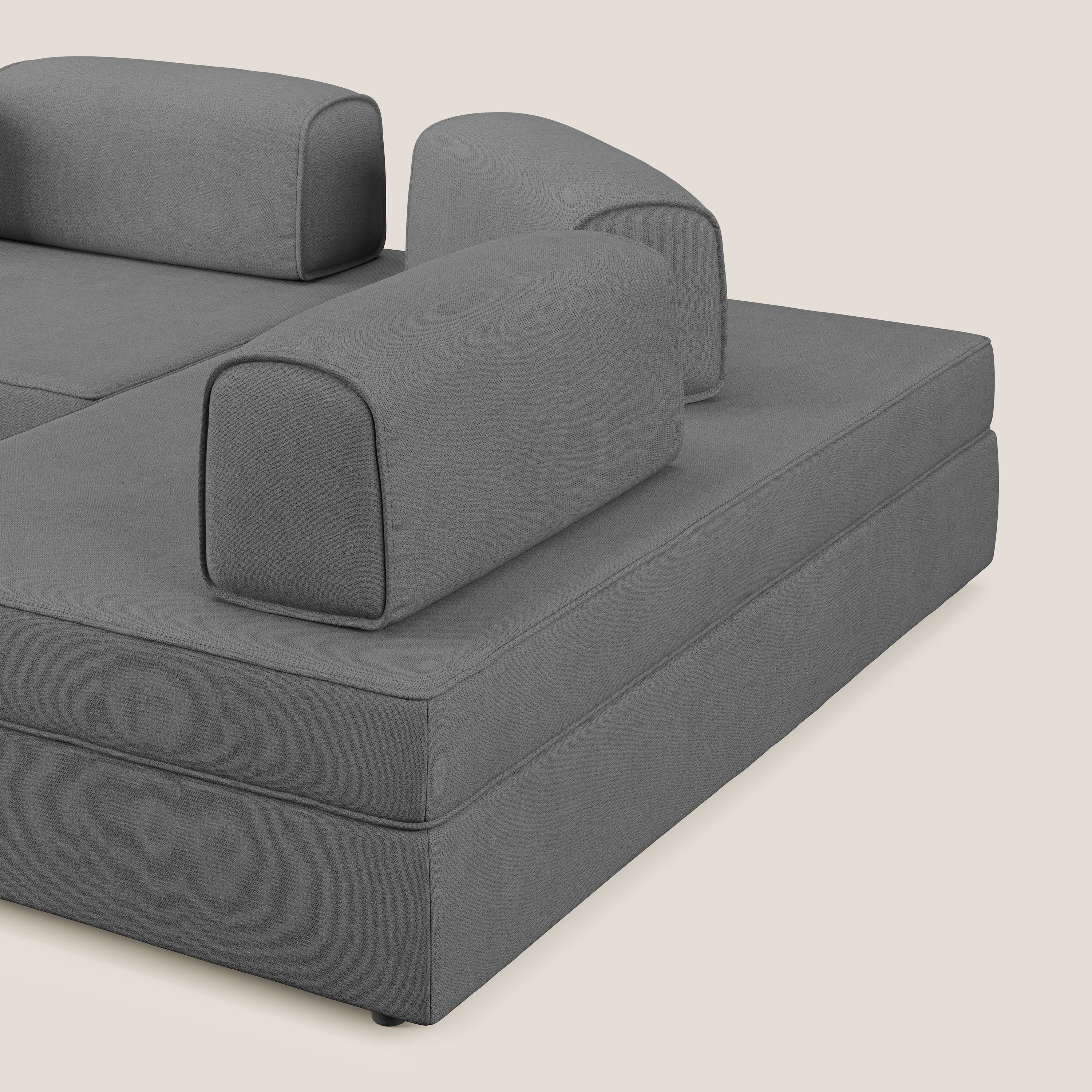 Liberty divano angolare con pouf estraibile e schienali movibili in tessuto morbido impermeabile T02 grigio - divani.store