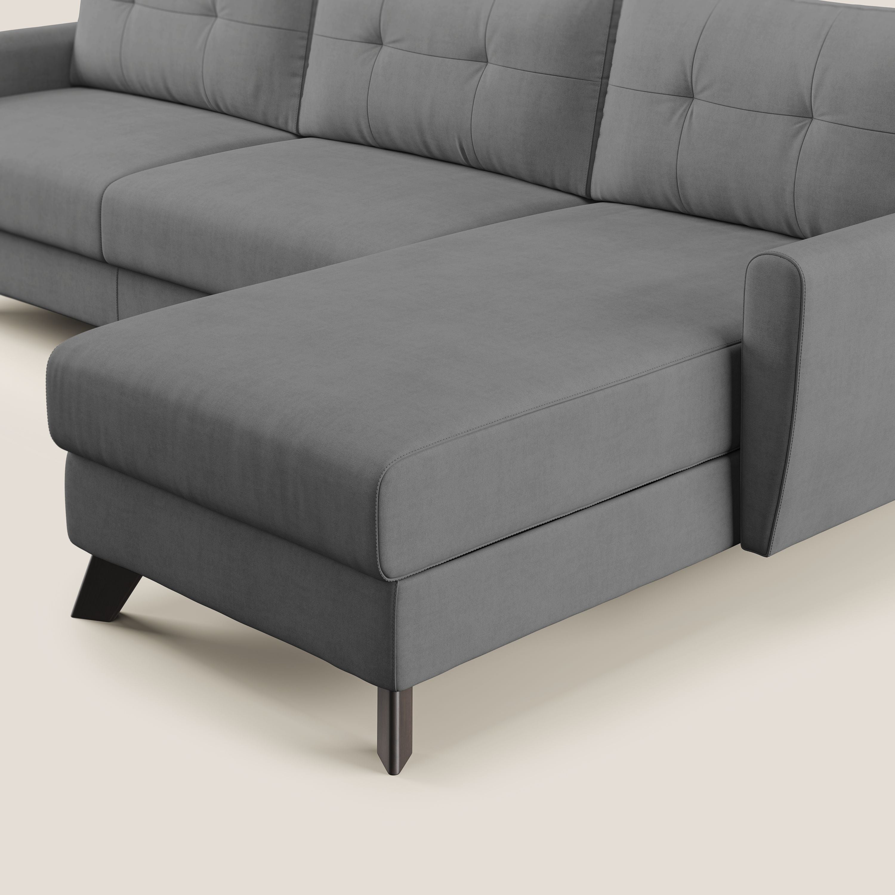 Callisto Divano letto angolare con penisola in tessuto morbido impermeabile T02 grigio - divani.store