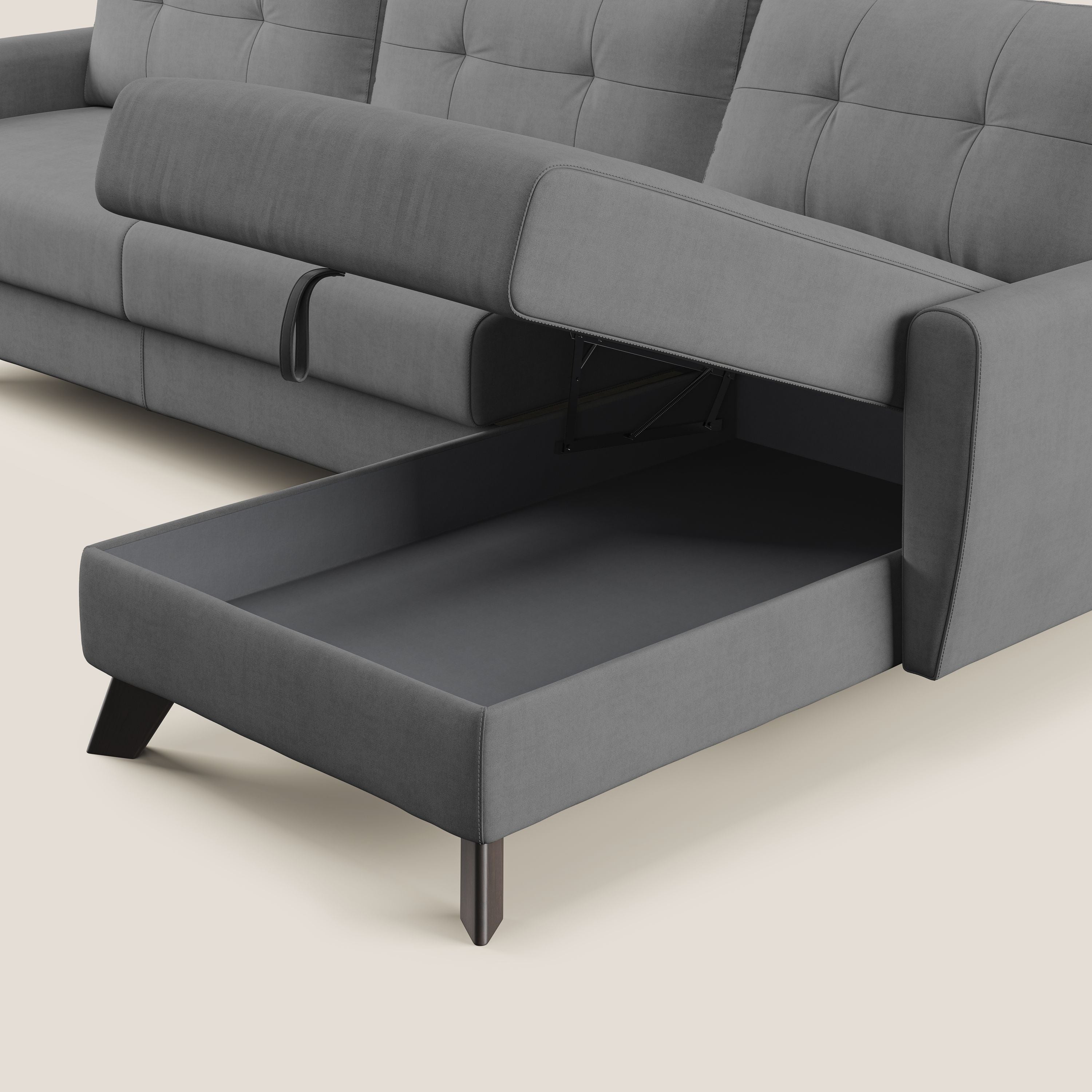 Callisto Divano letto angolare con penisola in tessuto morbido impermeabile T02 grigio - divani.store