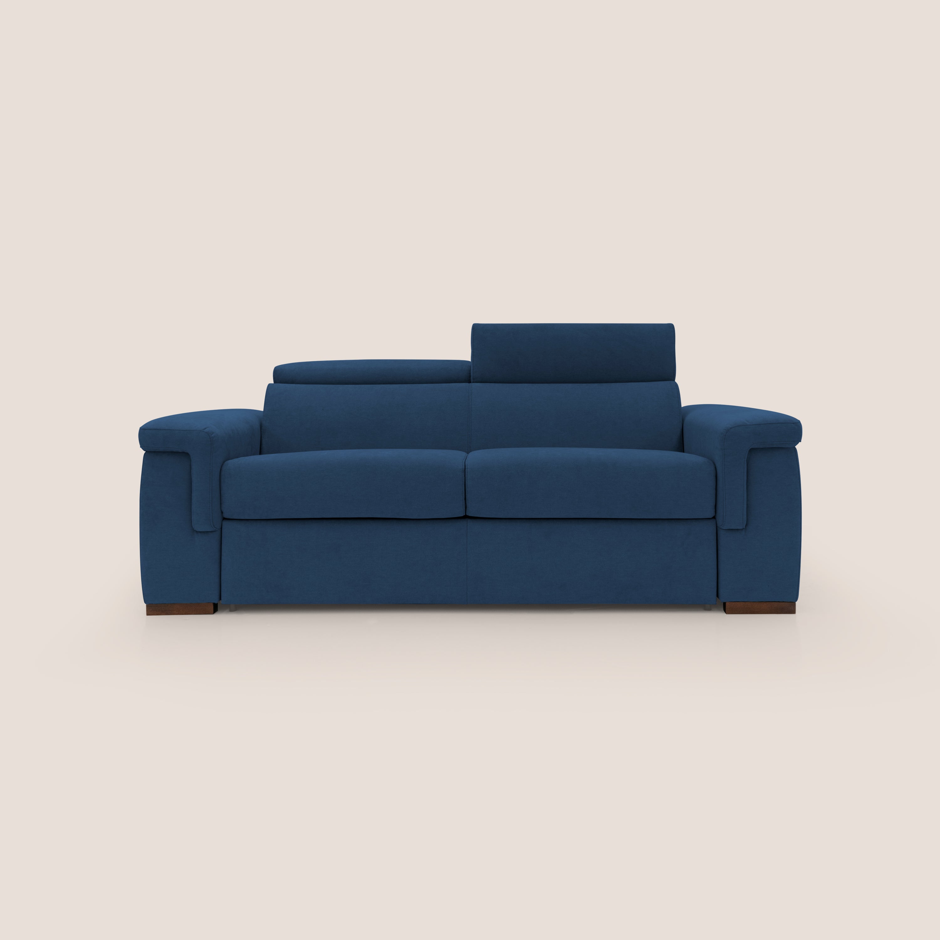 Giunone divano letto con materasso alto 18 cm e poggiatesta reclinabili in tessuto impermeabile T02 blu - divani.store