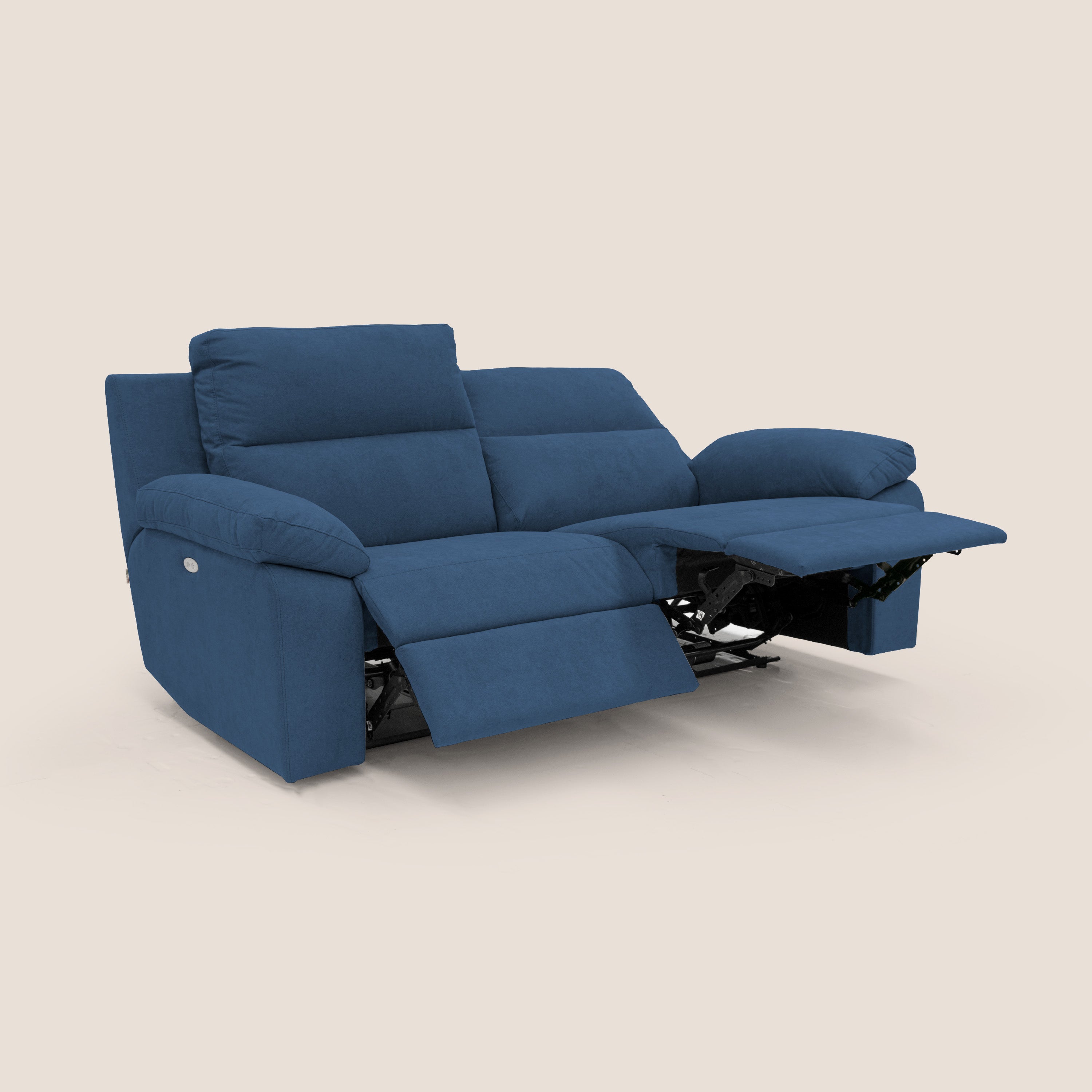 Romeo Divano relax con recliner elettrico in morbido tessuto impermeabile T02 blu - divani.store