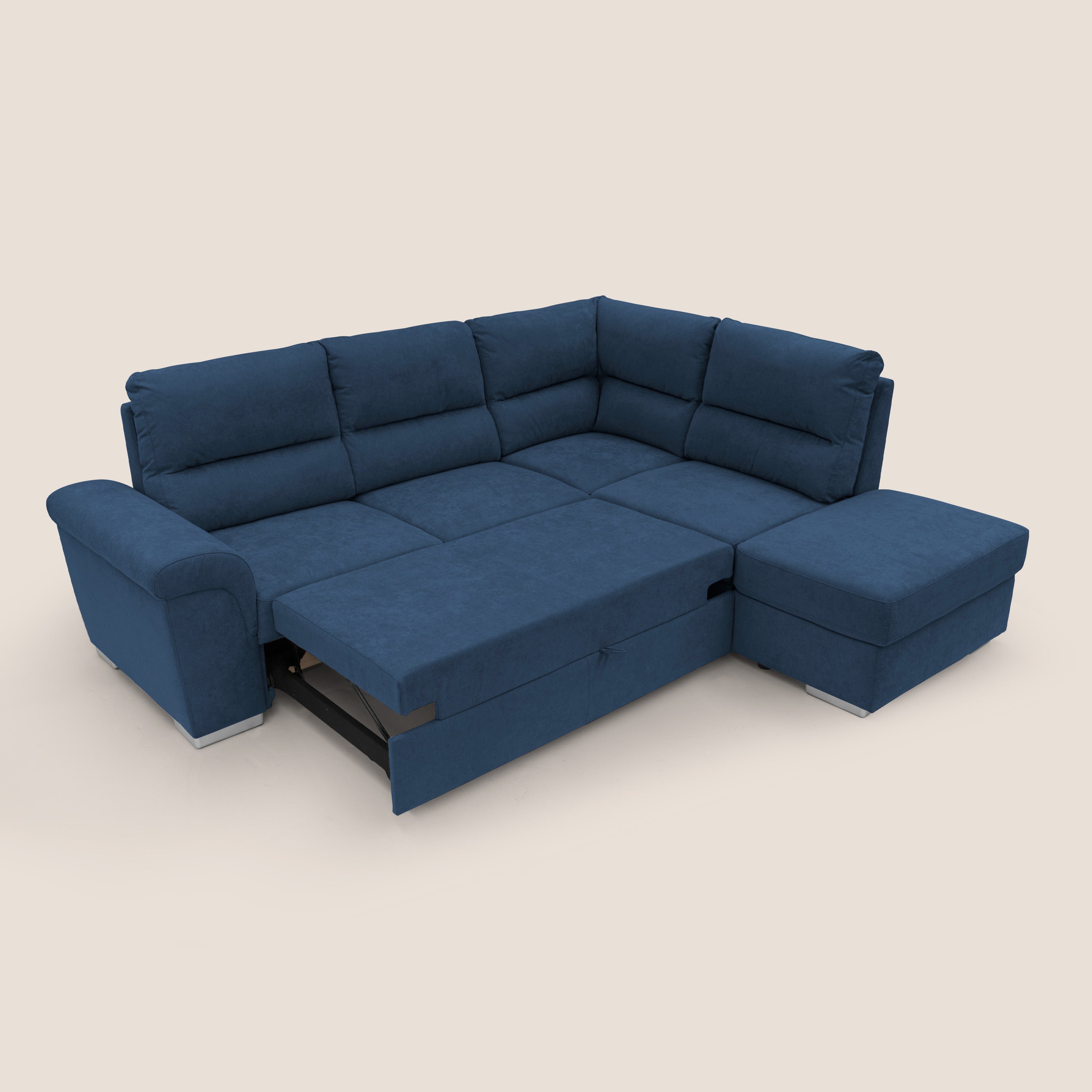 Minerva divano angolare con estraibile a cassettone e pouf contenitore in tessuto morbido impermeabile T02 blu - divani.store