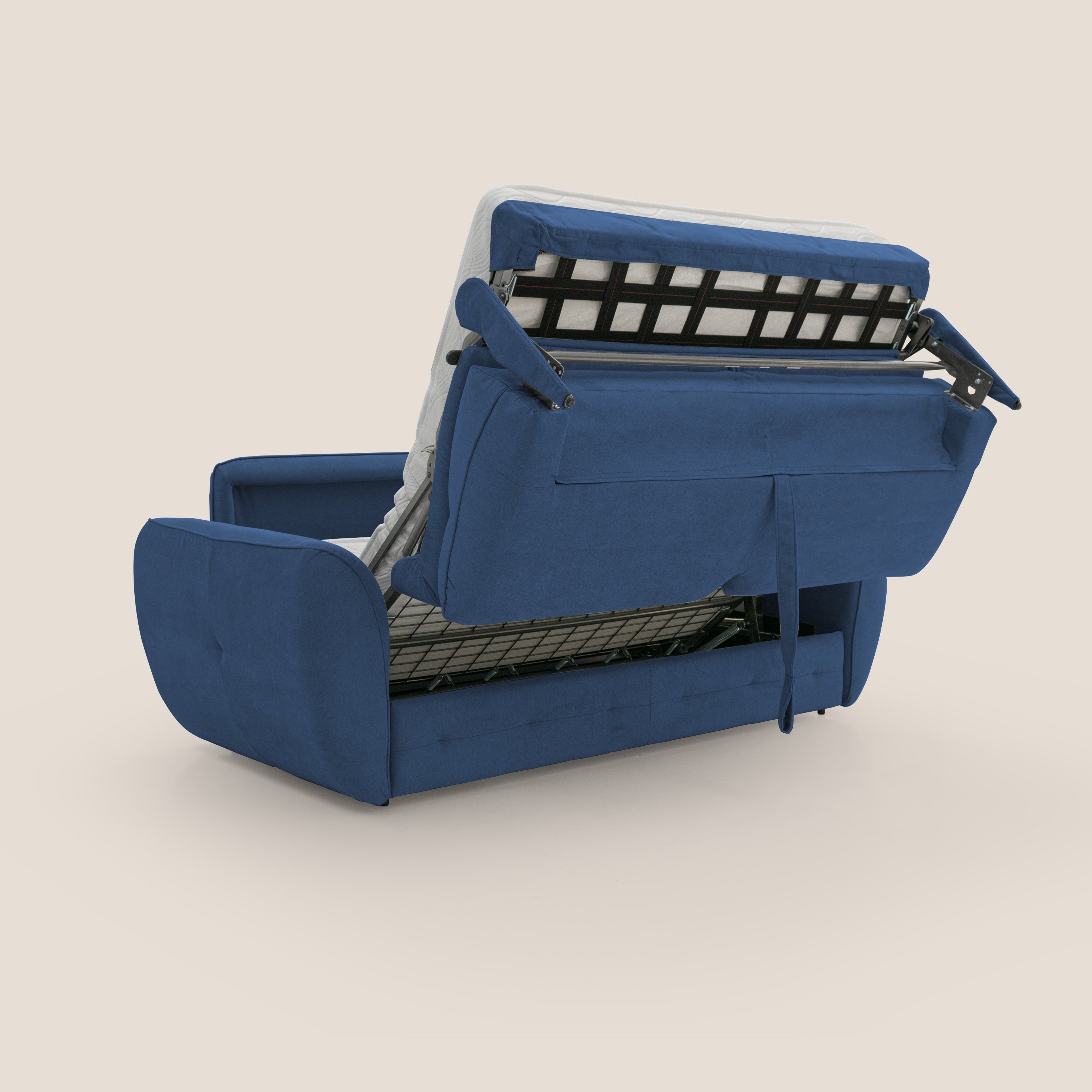 Lo Zeus Divano letto scandinavo 204 cm di Divani.Store, in tessuto impermeabile T02 blu, è mostrato parzialmente dispiegato per mostrare la struttura in metallo e il materasso (140x197, H18), con braccioli arrotondati su uno sfondo neutro.