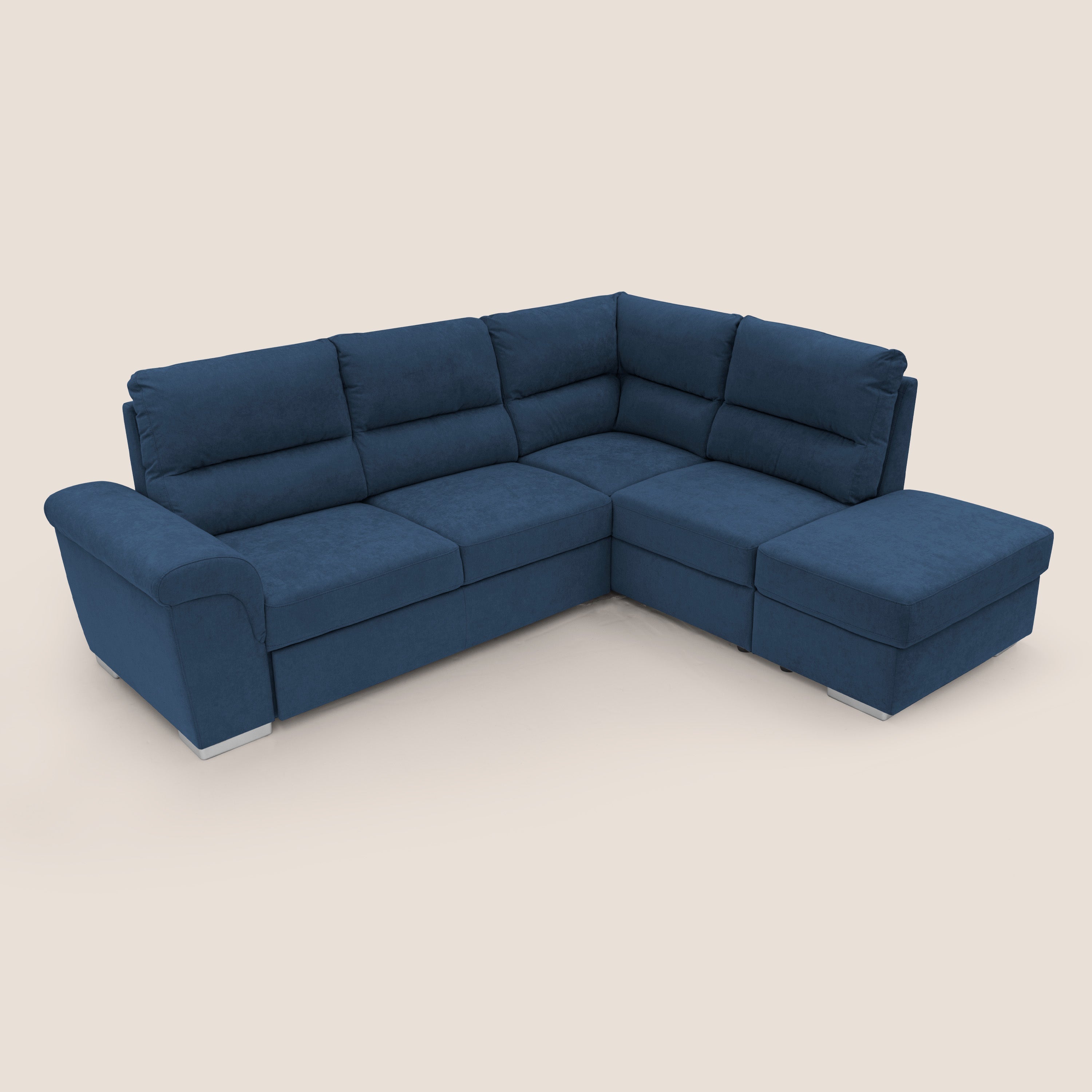 Minerva divano angolare con estraibile a cassettone e pouf contenitore in tessuto morbido impermeabile T02 blu - divani.store