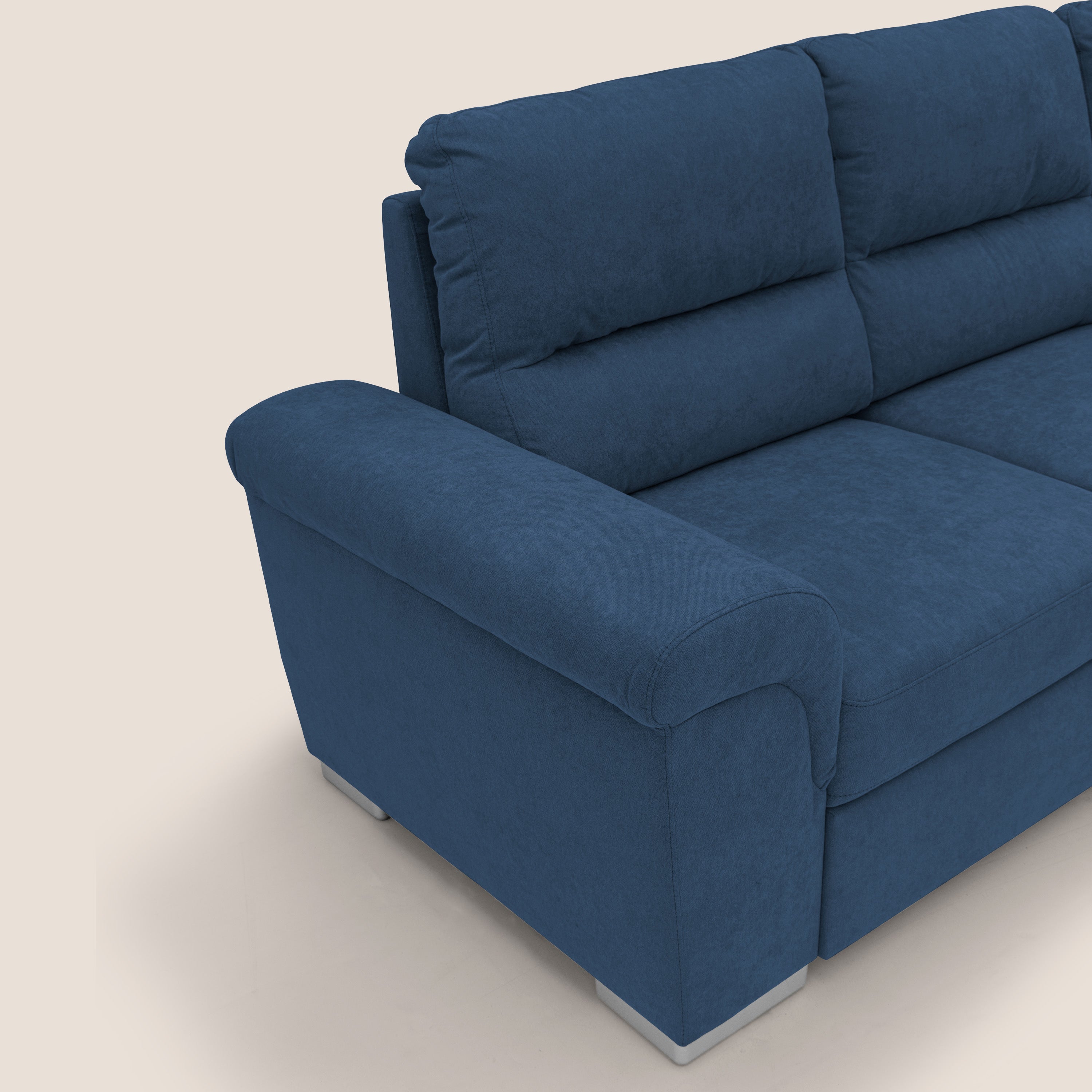 Minerva divano angolare con estraibile a cassettone e pouf contenitore in tessuto morbido impermeabile T02 blu - divani.store