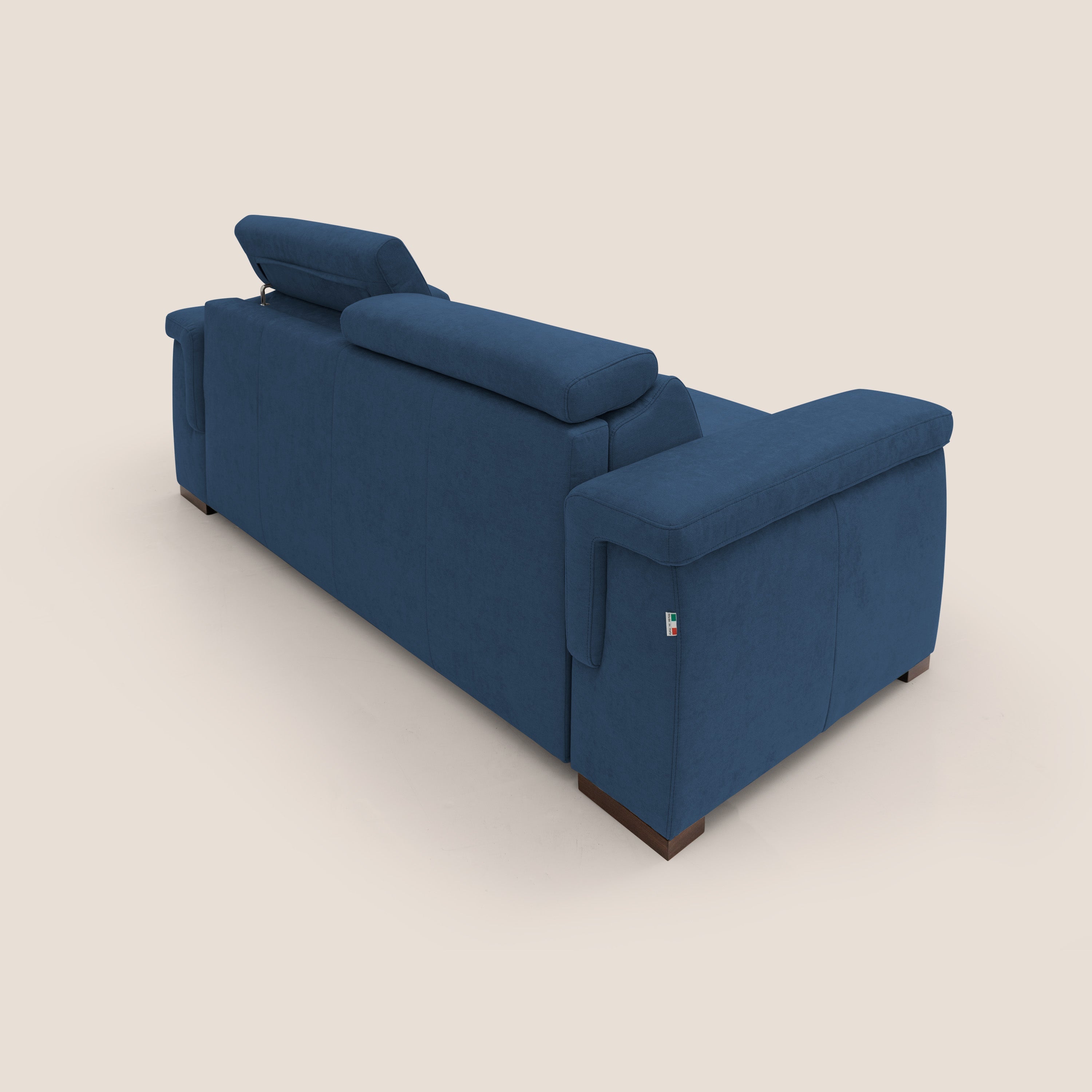 Giunone divano letto con materasso alto 18 cm e poggiatesta reclinabili in tessuto impermeabile T02 blu - divani.store